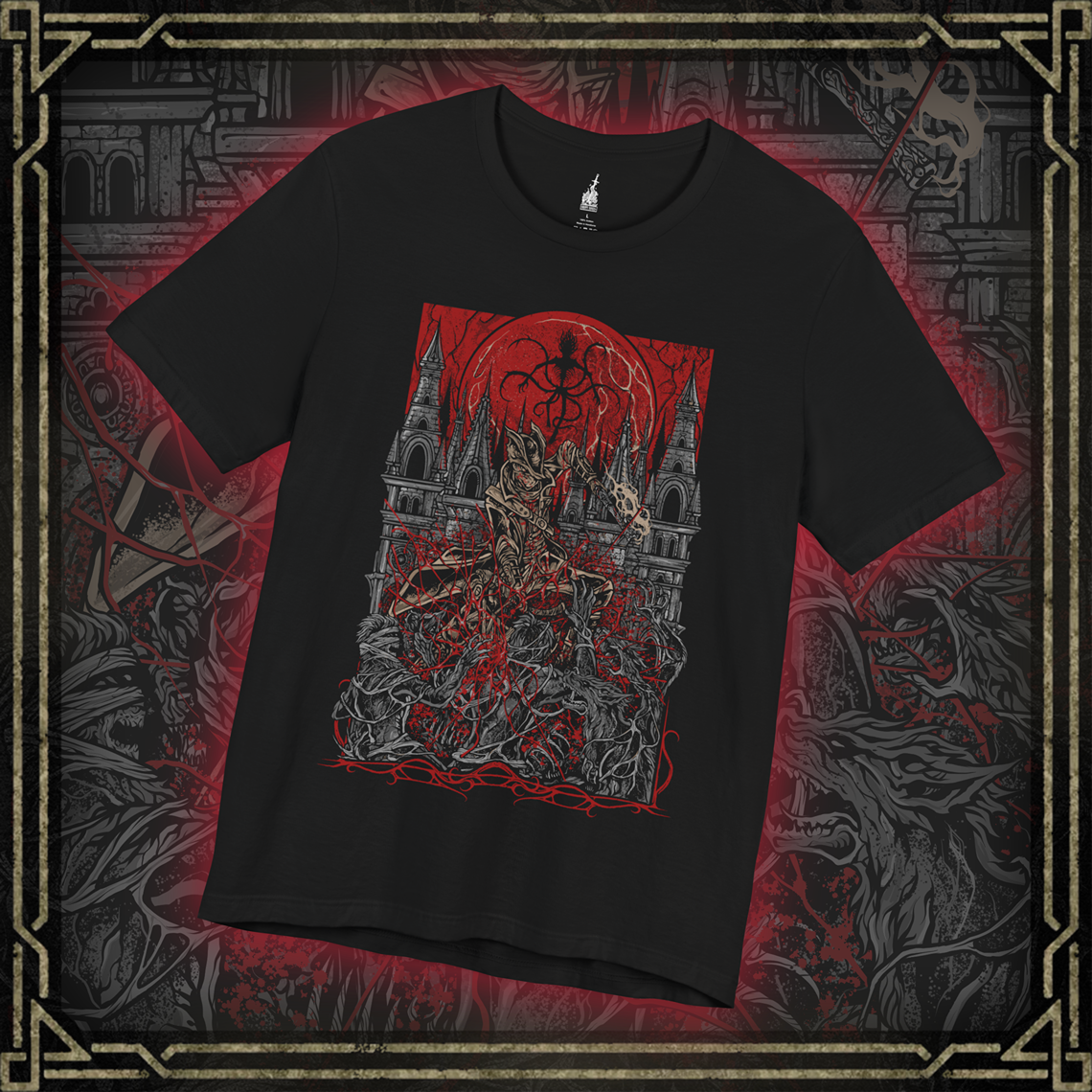 Thumbnail of a T-shirt featuring a Hunter of Yharnam from Bloodborne, poised beneath a blood moon on the Night of the Hunt. Cloaked in gothic attire and armed with a trick weapon, the Hunter stalks the streets of Yharnam, battling beasts and madness alike. This design captures the eerie, violent elegance of the hunt’s grim ritual.