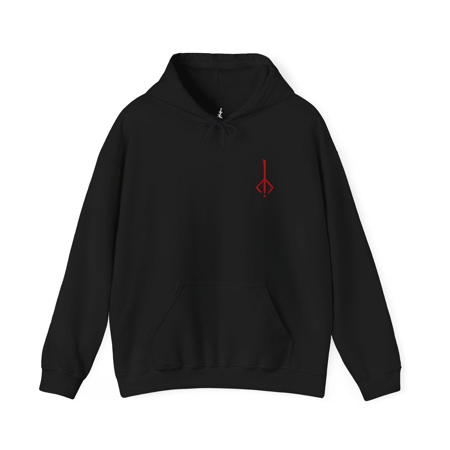 Image 3 of a Black Embroidered hooded sweatshirt featuring the Hunter’s Mark from Bloodborne, the arcane sigil carved into the mind of every hunter. Resembling a twisted rune of an upside-down brand, it symbolizes the hunter’s return to the dream upon death. This design captures the eerie beauty of the mark—evoking the endless cycle of life, death, and rebirth that defines the Hunt.