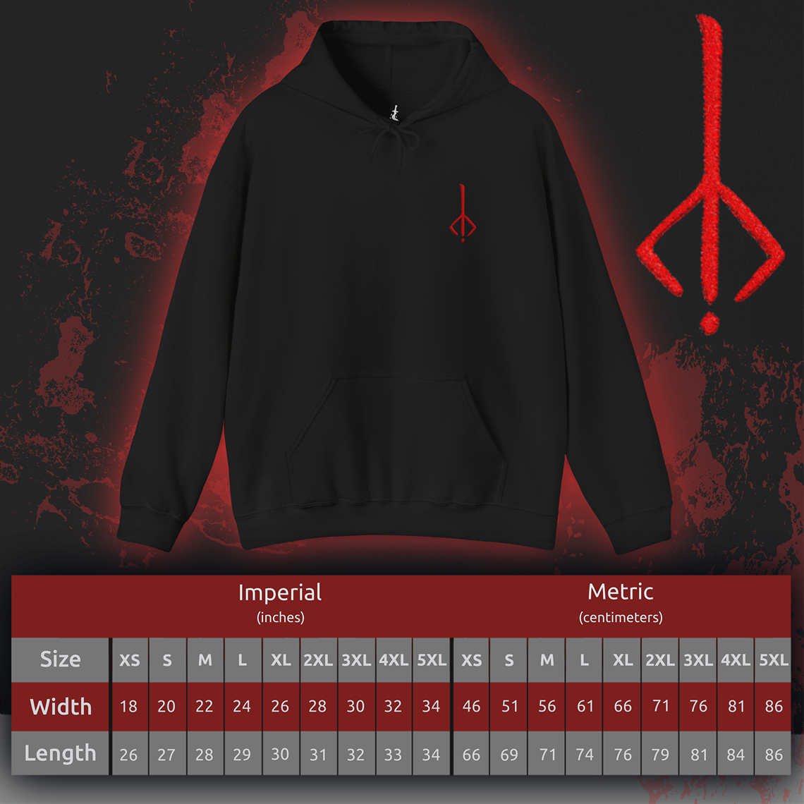 Size chart of a Embroidered hooded sweatshirt featuring the Hunter’s Mark from Bloodborne, the arcane sigil carved into the mind of every hunter. Resembling a twisted rune of an upside-down brand, it symbolizes the hunter’s return to the dream upon death. This design captures the eerie beauty of the mark—evoking the endless cycle of life, death, and rebirth that defines the Hunt.