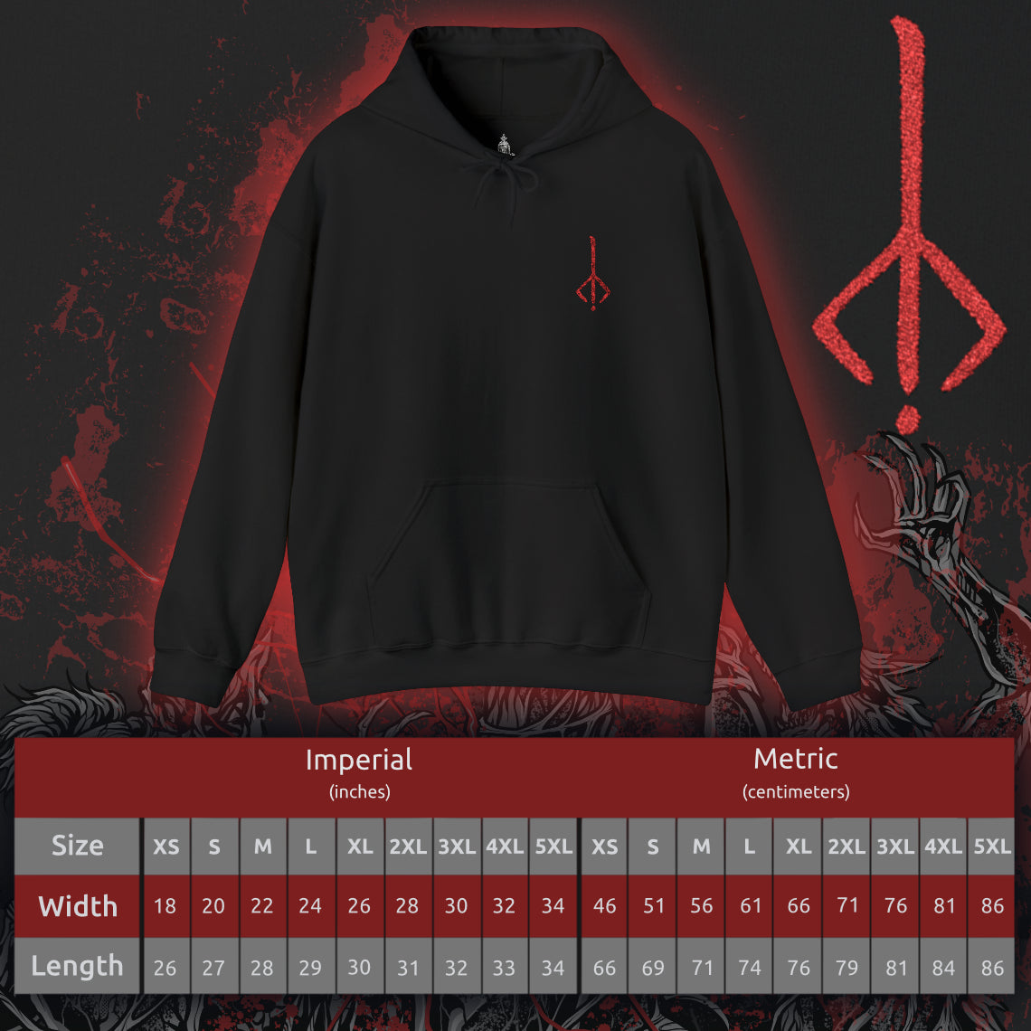 Size chart of a Embroidered hooded sweatshirt featuring the Hunter’s Mark from Bloodborne, the arcane sigil carved into the mind of every hunter. Resembling a twisted rune of an upside-down brand, it symbolizes the hunter’s return to the dream upon death. This design captures the eerie beauty of the mark—evoking the endless cycle of life, death, and rebirth that defines the Hunt.