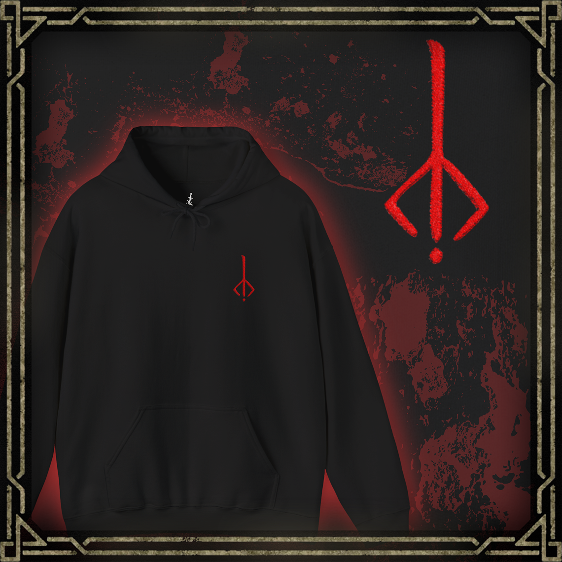 Thumbnail of a Embroidered hooded sweatshirt featuring the Hunter’s Mark from Bloodborne, the arcane sigil carved into the mind of every hunter. Resembling a twisted rune of an upside-down brand, it symbolizes the hunter’s return to the dream upon death. This design captures the eerie beauty of the mark—evoking the endless cycle of life, death, and rebirth that defines the Hunt.