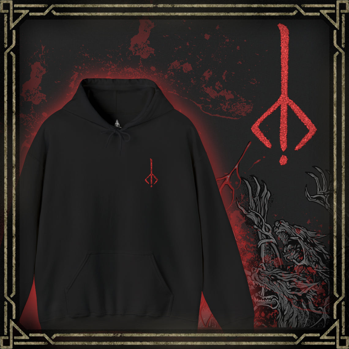 Thumbnail of a Embroidered hooded sweatshirt featuring the Hunter’s Mark from Bloodborne, the arcane sigil carved into the mind of every hunter. Resembling a twisted rune of an upside-down brand, it symbolizes the hunter’s return to the dream upon death. This design captures the eerie beauty of the mark—evoking the endless cycle of life, death, and rebirth that defines the Hunt.