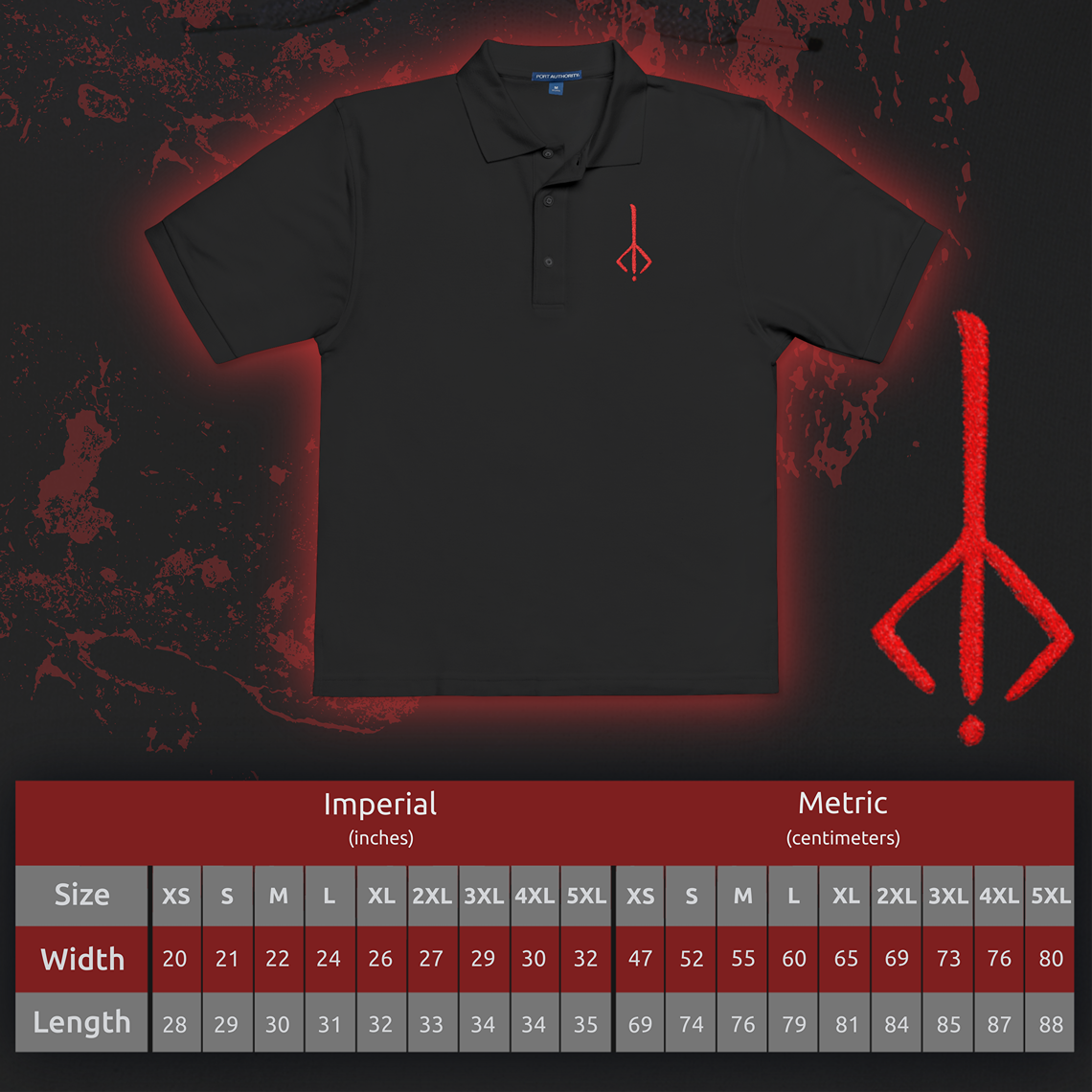 Size chart of a Embroidered T-shirt showcasing the iconic Hunter’s Mark from Bloodborne, a mysterious emblem that allows hunters to resurrect without losing their insight. Representing sacrifice and the inescapable loop of the Dream, the mark serves as a haunting reminder of the curse upon Yharnam. This design radiates dark elegance and eldritch symbolism for devoted fans of the Hunt.