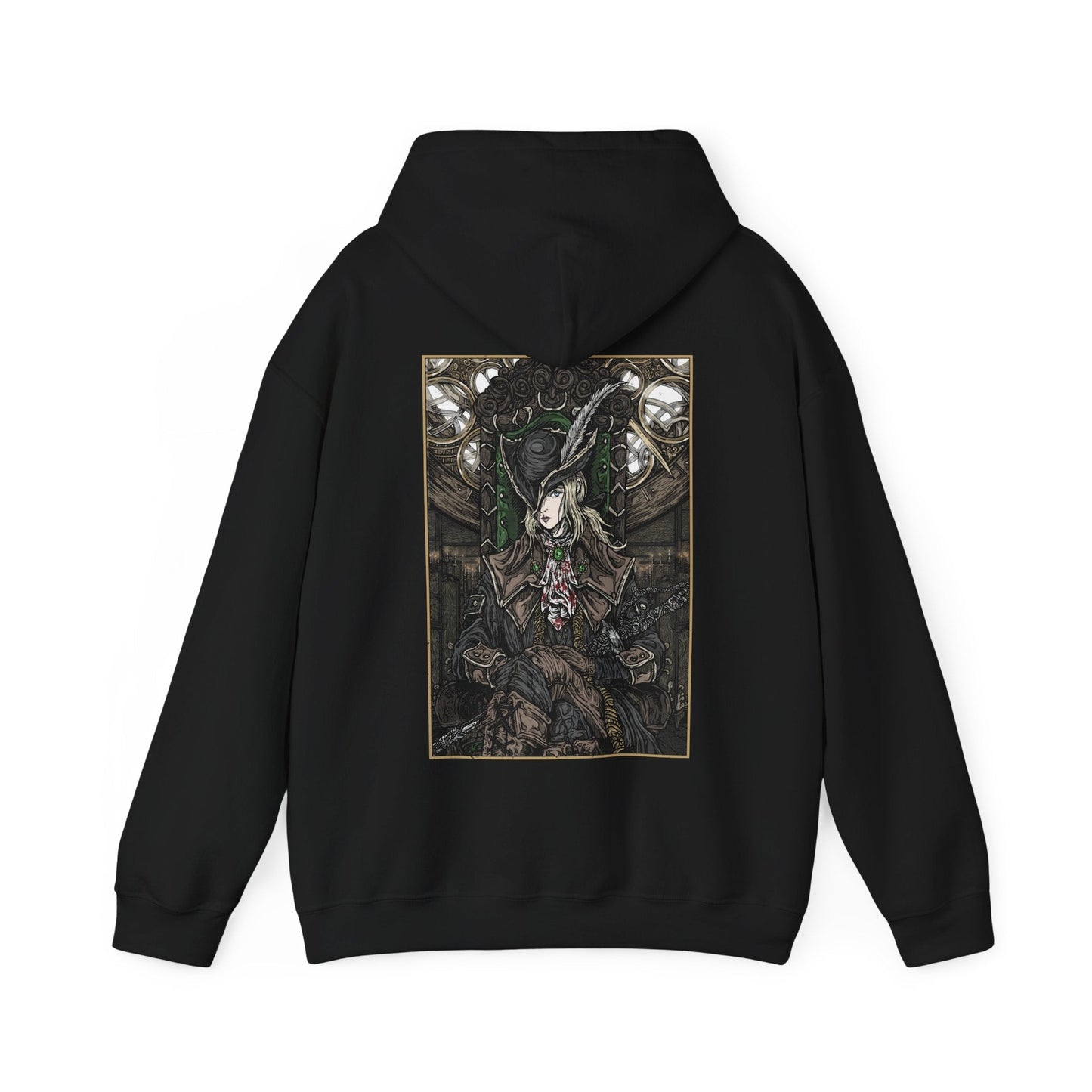 Image 4 of a Hooded Sweatshirt showcasing Lady Maria from Bloodborne, protector of the Astral Clocktower and one of the most revered figures in the Healing Church’s dark history. A master of the Rakuyo and descendant of Cainhurst blood, Maria is both graceful and brutal in combat. This design honors her melancholic story—torn between past sins and her vow to shield the secrets of the nightmare—making it a must-have for fans of Bloodborne’s gothic lore.