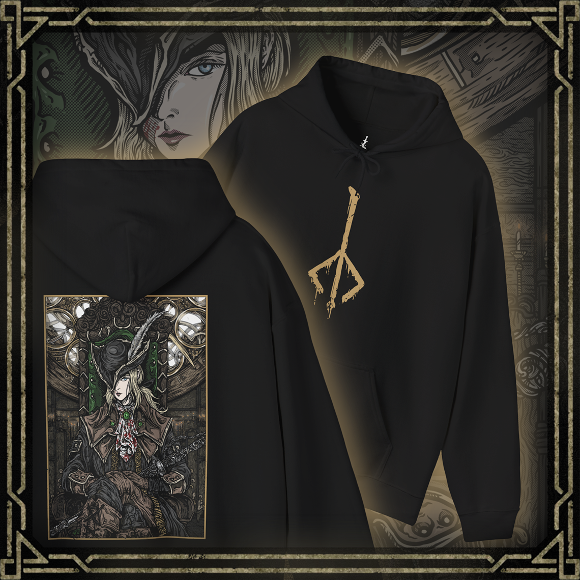 Thumbnail of a Hooded Sweatshirt showcasing Lady Maria from Bloodborne, protector of the Astral Clocktower and one of the most revered figures in the Healing Church’s dark history. A master of the Rakuyo and descendant of Cainhurst blood, Maria is both graceful and brutal in combat. This design honors her melancholic story—torn between past sins and her vow to shield the secrets of the nightmare—making it a must-have for fans of Bloodborne’s gothic lore.