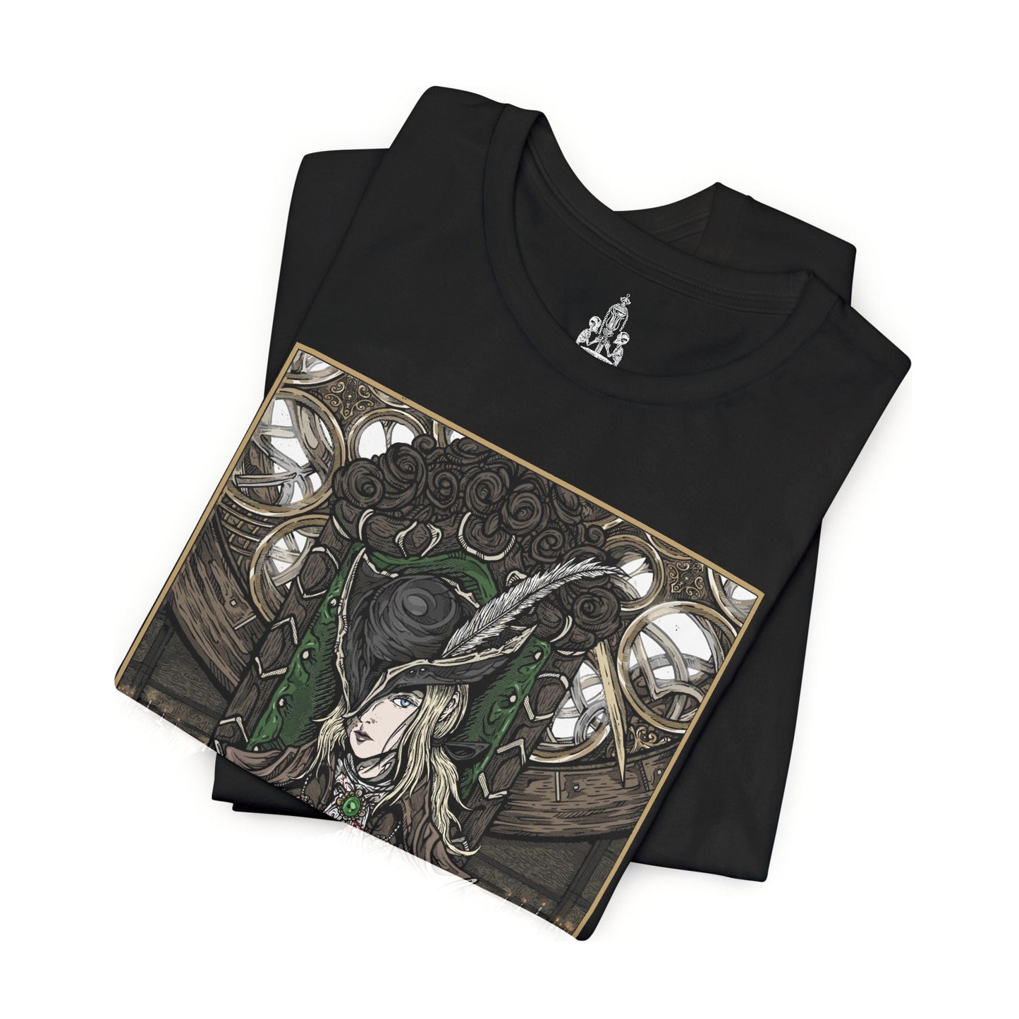 Folded T-shirt featuring Lady Maria of the Astral Clocktower from Bloodborne, the elegant yet deadly guardian of the secretive Research Hall. Once a student of Gehrman and a noble of Cainhurst, Maria abandoned blood arts in shame, only to be bound by duty in the Clocktower. With her Rakuyo blades and flowing black coat, this design captures her grace and sorrow, reflecting the haunting beauty and tragedy of her role in the Old Hunters DLC.