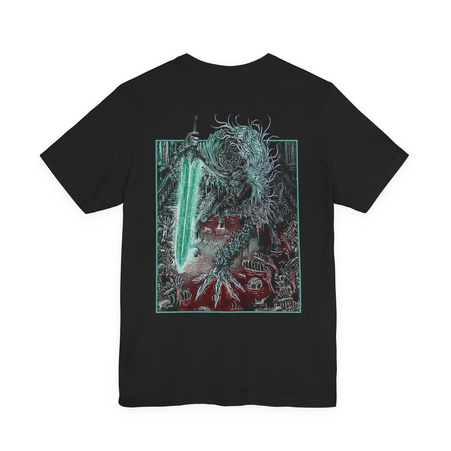 Image 4 of a T-shirt featuring Ludwig the Accursed from Bloodborne, the first Hunter of the Healing Church, now grotesquely transformed into a beast. Twisted by bloodlust and guilt, Ludwig’s horse-like maw and tortured form evoke both horror and tragedy. This design captures his fall from revered knight to nightmarish monstrosity beneath the Nightmare’s moon.