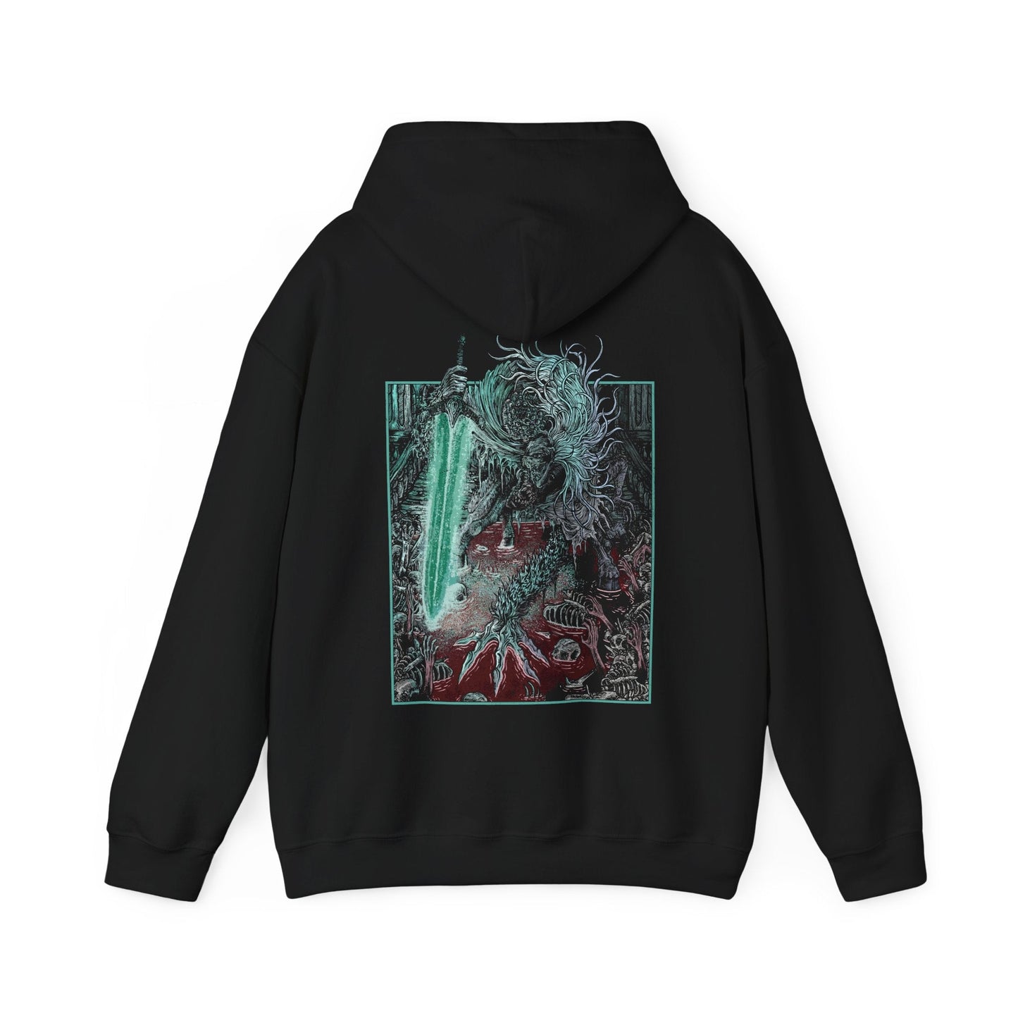 Image 4 of a Hooded Sweatshirt showcasing Ludwig the Holy Blade from Bloodborne, a tragic boss who shifts from a writhing beast to a noble warrior mid-battle. Once revered as the Church’s first hunter, Ludwig is now a deformed horror, consumed by bloodlust. Yet in a final moment of clarity, he reclaims his Holy Moonlight Sword, evoking the memory of his former glory and tragic fall from grace.