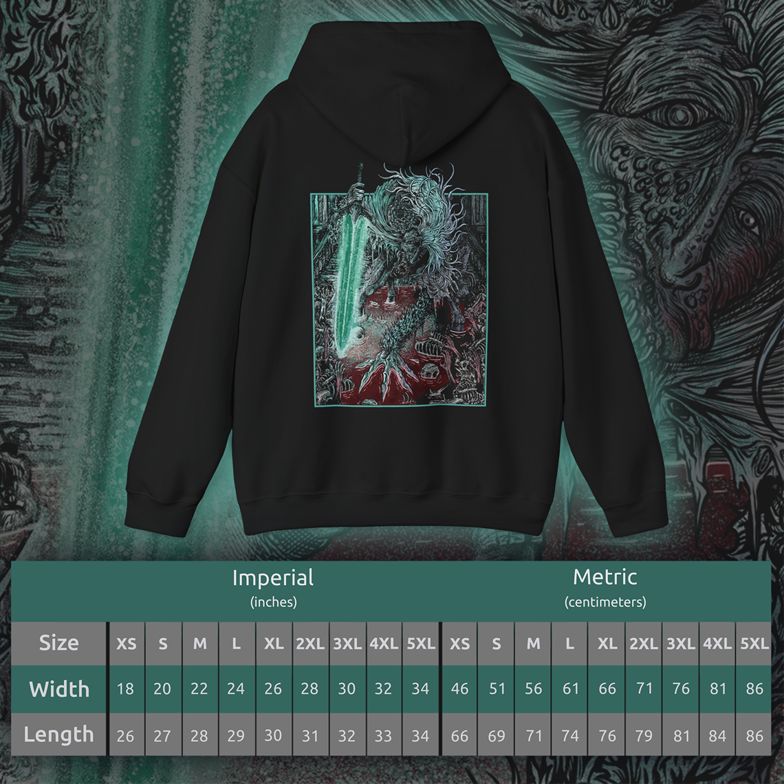Size chart of a Hooded Sweatshirt showcasing Ludwig the Holy Blade from Bloodborne, a tragic boss who shifts from a writhing beast to a noble warrior mid-battle. Once revered as the Church’s first hunter, Ludwig is now a deformed horror, consumed by bloodlust. Yet in a final moment of clarity, he reclaims his Holy Moonlight Sword, evoking the memory of his former glory and tragic fall from grace.