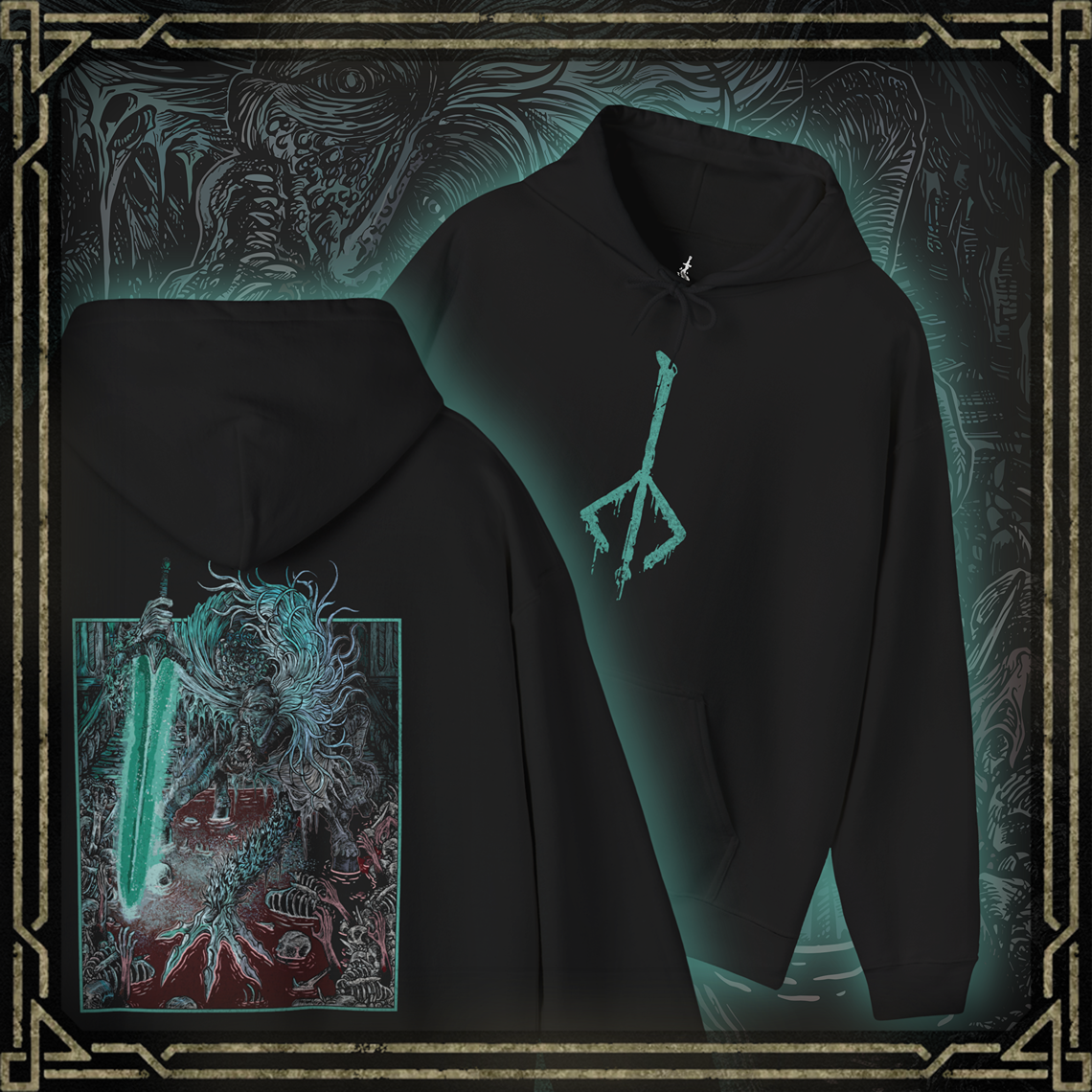 Thumbnail of a Hooded Sweatshirt showcasing Ludwig the Holy Blade from Bloodborne, a tragic boss who shifts from a writhing beast to a noble warrior mid-battle. Once revered as the Church’s first hunter, Ludwig is now a deformed horror, consumed by bloodlust. Yet in a final moment of clarity, he reclaims his Holy Moonlight Sword, evoking the memory of his former glory and tragic fall from grace.
