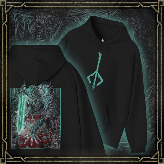 Thumbnail of a Hooded Sweatshirt showcasing Ludwig the Holy Blade from Bloodborne, a tragic boss who shifts from a writhing beast to a noble warrior mid-battle. Once revered as the Church’s first hunter, Ludwig is now a deformed horror, consumed by bloodlust. Yet in a final moment of clarity, he reclaims his Holy Moonlight Sword, evoking the memory of his former glory and tragic fall from grace.