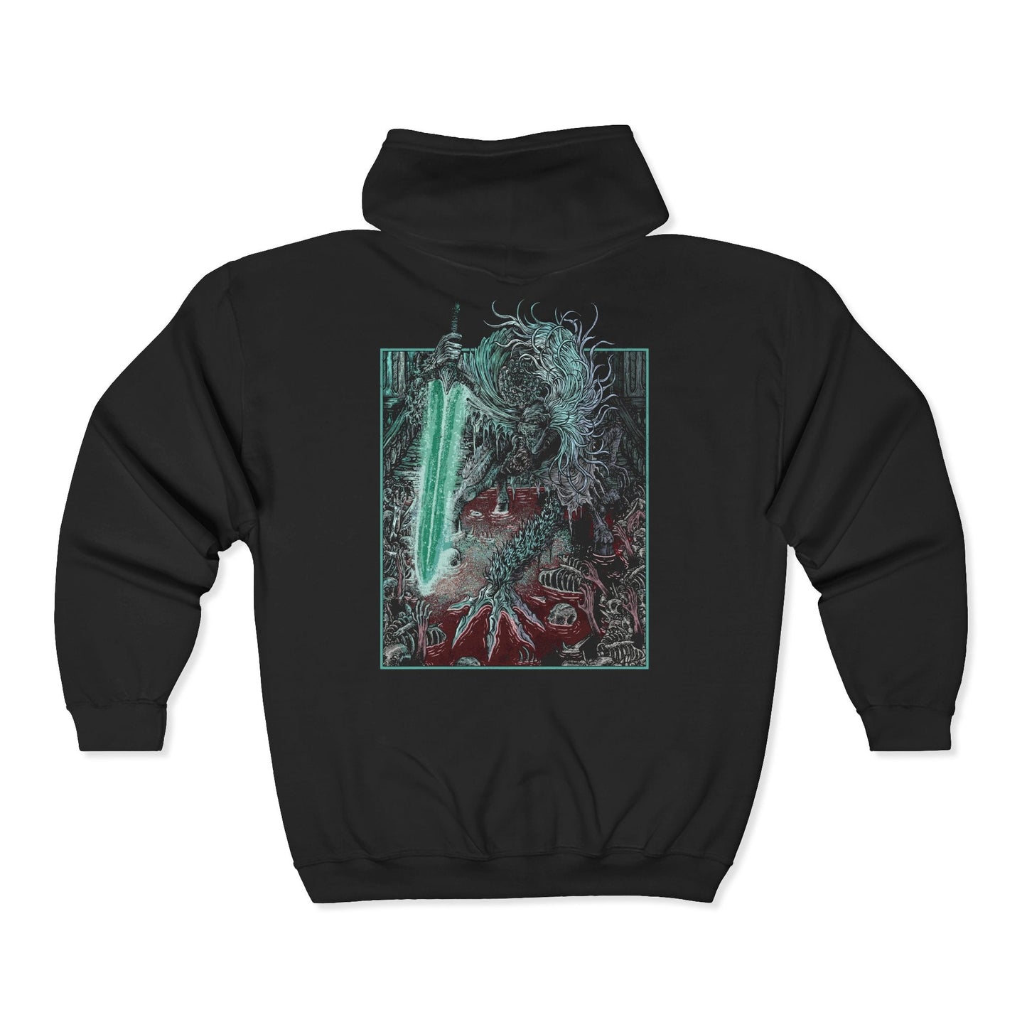 Folded Zip-up Hooded Sweatshirt featuring Ludwig the Accursed from Bloodborne, the first Hunter of the Church who fell into madness. Once a noble wielder of the Holy Moonlight Sword, Ludwig became a beast of unspeakable horror, torn between his humanity and his bloodlust. This design captures his tragic duality—both knight and nightmare beneath the pale moon.
