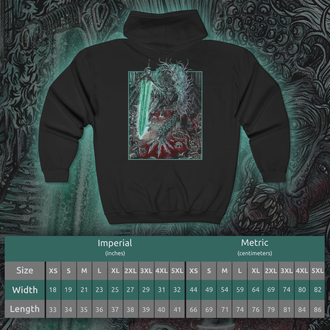 Size chart of a Zip-up Hooded Sweatshirt featuring Ludwig the Accursed from Bloodborne, the first Hunter of the Church who fell into madness. Once a noble wielder of the Holy Moonlight Sword, Ludwig became a beast of unspeakable horror, torn between his humanity and his bloodlust. This design captures his tragic duality—both knight and nightmare beneath the pale moon.