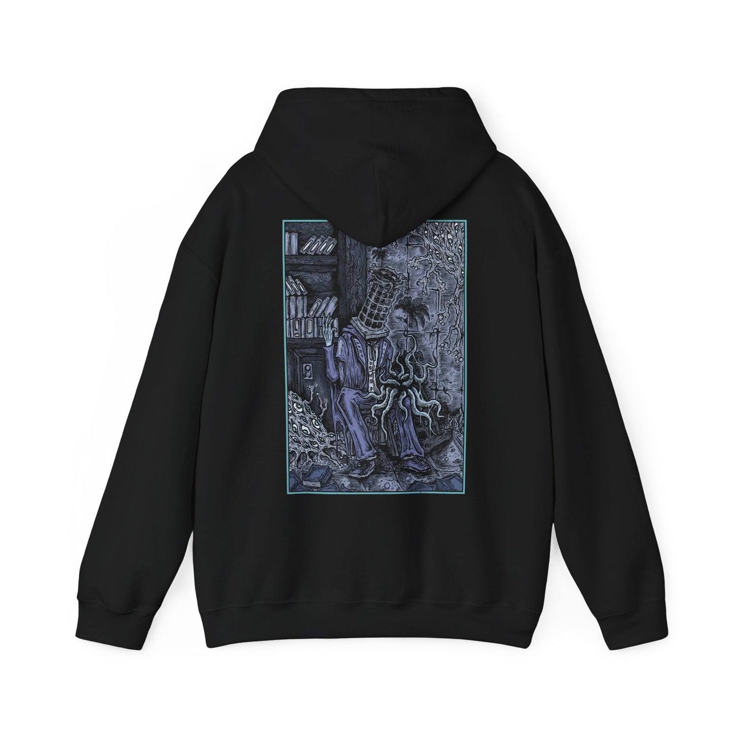 Image 5 of a Hooded Sweatshirt featuring Micolash, Host of the Nightmare from Bloodborne, the deranged scholar and leader of the School of Mensis. Trapped within the maddening dreamscape of the Nightmare of Mensis, Micolash roams its labyrinthine halls, muttering cryptic ramblings as he seeks communion with the Great Ones. Wearing his iconic cage-like helm, he embodies the twisted pursuit of cosmic knowledge at the cost of sanity. A must-have for fans of Bloodborne’s eldritch lore.