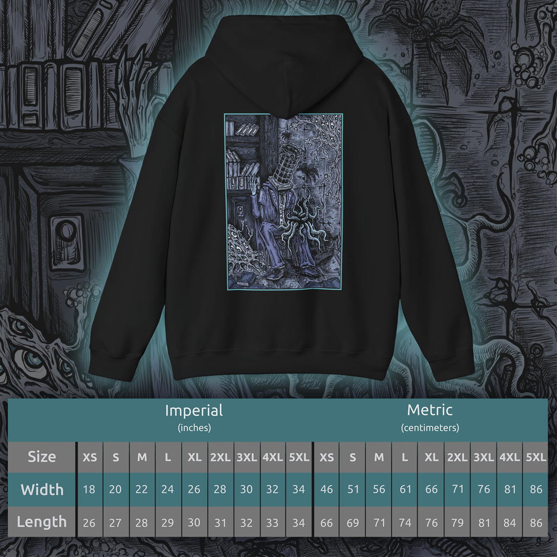 Size chart of a Hooded Sweatshirt featuring Micolash, Host of the Nightmare from Bloodborne, the deranged scholar and leader of the School of Mensis. Trapped within the maddening dreamscape of the Nightmare of Mensis, Micolash roams its labyrinthine halls, muttering cryptic ramblings as he seeks communion with the Great Ones. Wearing his iconic cage-like helm, he embodies the twisted pursuit of cosmic knowledge at the cost of sanity. A must-have for fans of Bloodborne’s eldritch lore.