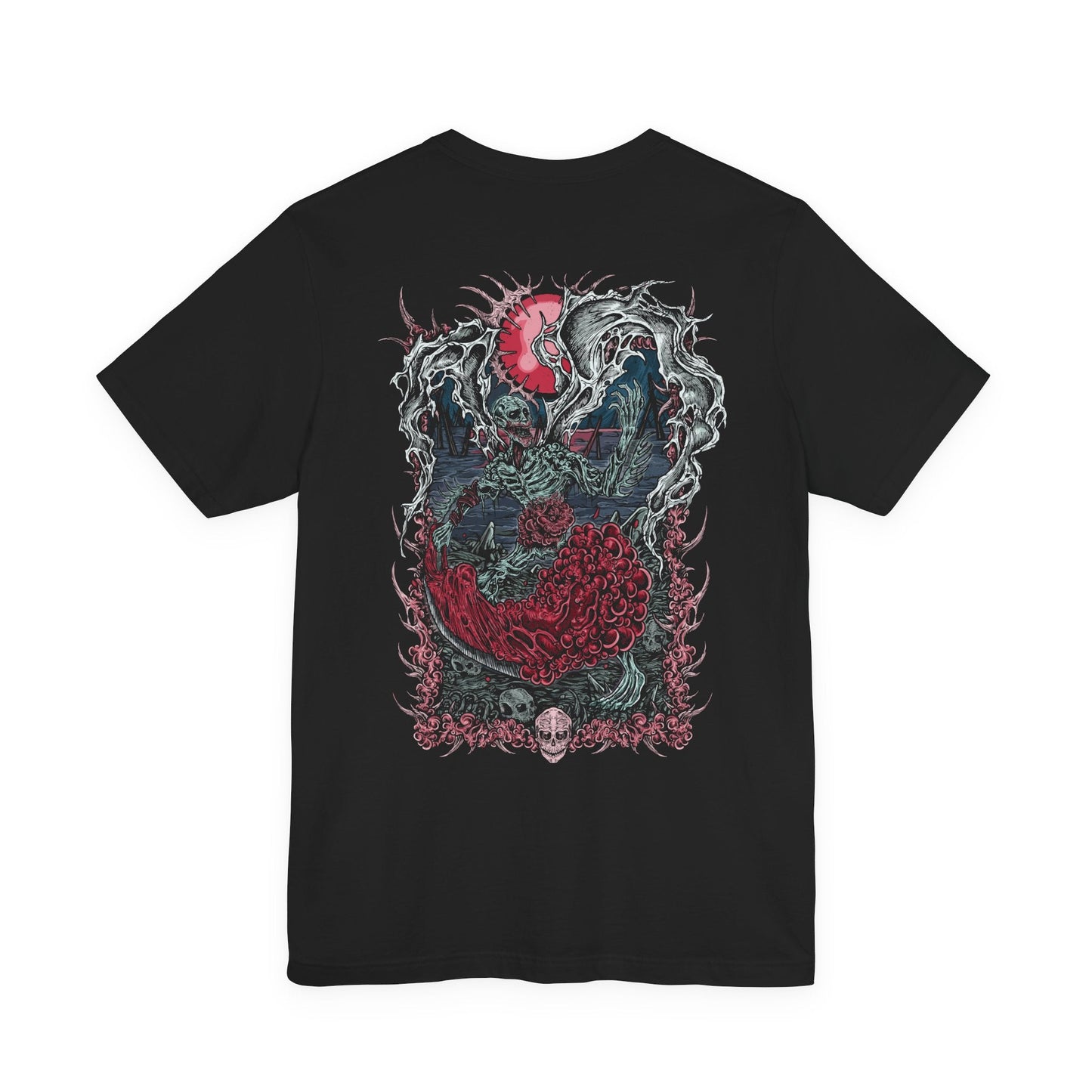 Image 5 of a T-shirt featuring the Orphan of Kos from Bloodborne, the vengeful child of the Great One slain by the hunters of Byrgenwerth. Born in agony on the corpse of its mother, the Orphan wields its own placenta as a weapon, shrieking in primal rage. This design captures the raw, tragic violence of the final Hunter’s Nightmare boss.