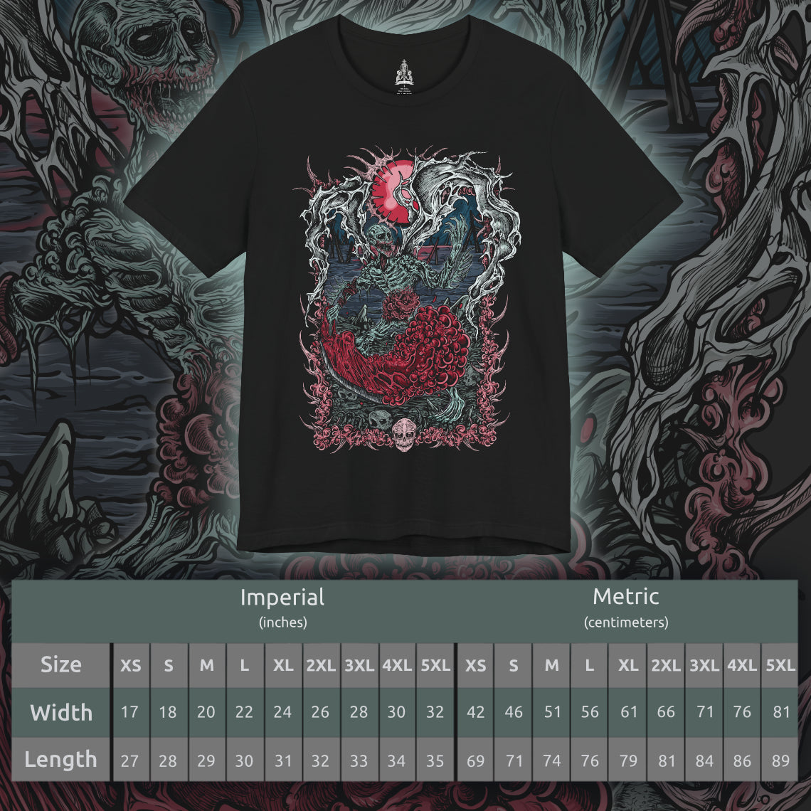 Size chart of a T-shirt featuring the Orphan of Kos from Bloodborne, the vengeful child of the Great One slain by the hunters of Byrgenwerth. Born in agony on the corpse of its mother, the Orphan wields its own placenta as a weapon, shrieking in primal rage. This design captures the raw, tragic violence of the final Hunter’s Nightmare boss.