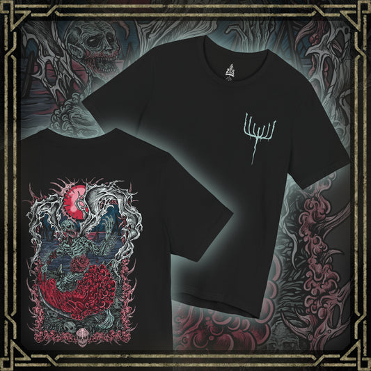Thumbnail of a T-shirt featuring the Orphan of Kos from Bloodborne, the vengeful child of the Great One slain by the hunters of Byrgenwerth. Born in agony on the corpse of its mother, the Orphan wields its own placenta as a weapon, shrieking in primal rage. This design captures the raw, tragic violence of the final Hunter’s Nightmare boss.