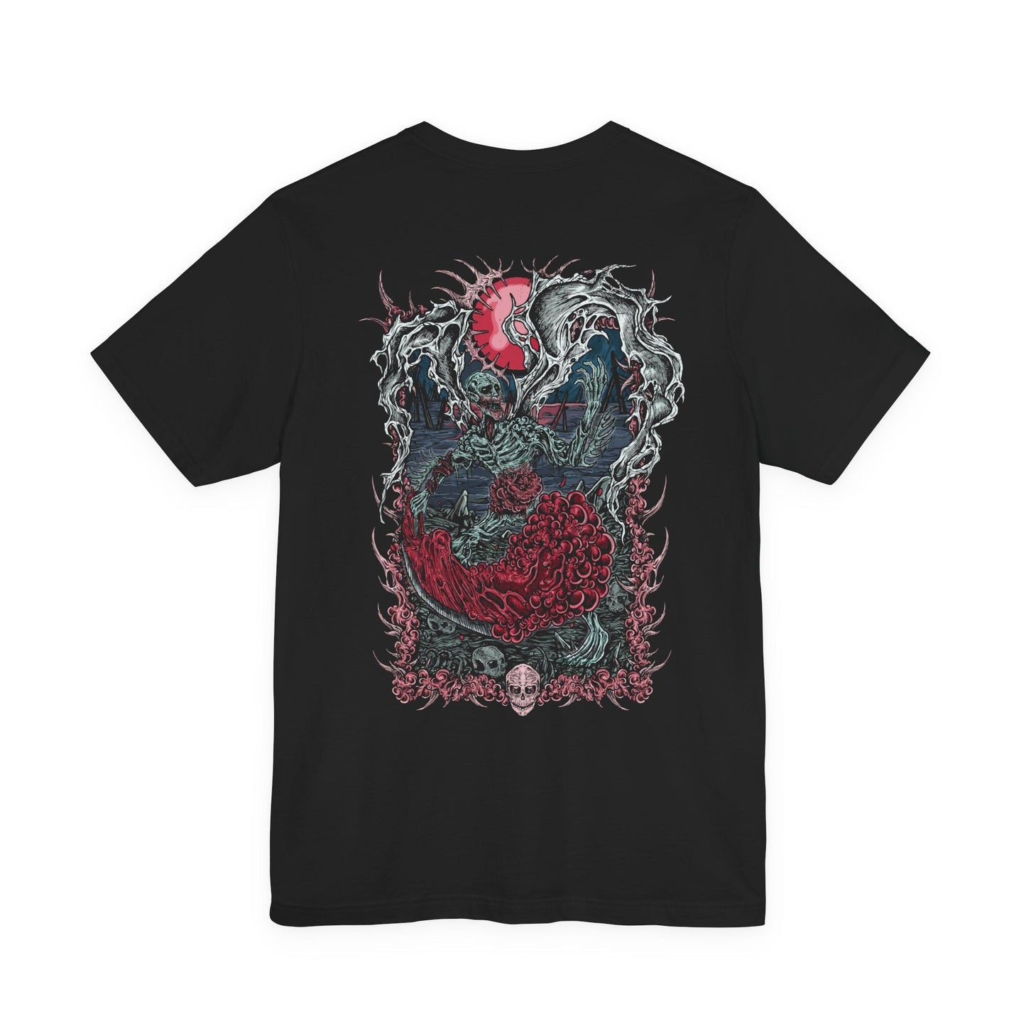 Image 4 of a T-shirt featuring the Orphan of Kos from Bloodborne, the vengeful child of the Great One slain by the hunters of Byrgenwerth. Born in agony on the corpse of its mother, the Orphan wields its own placenta as a weapon, shrieking in primal rage. This design captures the raw, tragic violence of the final Hunter’s Nightmare boss.