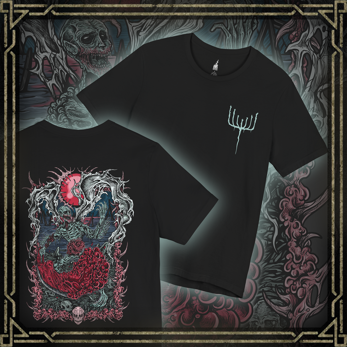 Thumbnail of a T-shirt featuring the Orphan of Kos from Bloodborne, the vengeful child of the Great One slain by the hunters of Byrgenwerth. Born in agony on the corpse of its mother, the Orphan wields its own placenta as a weapon, shrieking in primal rage. This design captures the raw, tragic violence of the final Hunter’s Nightmare boss.