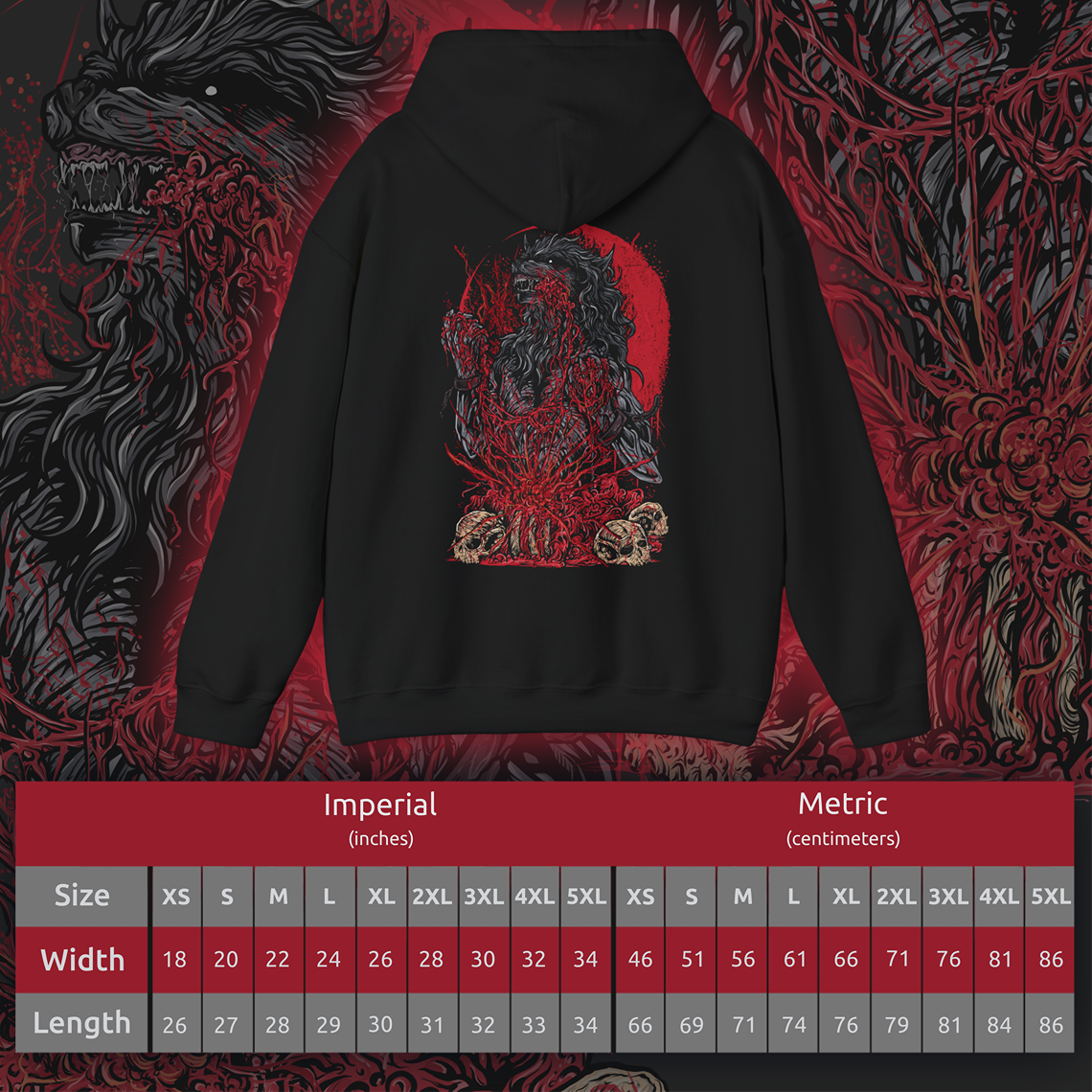 Size chart of a Bloodborne Hooded Sweatshirt featuring the Scourge Beast, a nightmarish predator ravaging Yharnam’s alleys during the hunt. Marked by blood-soaked fur and animalistic rage, this creature reflects the thin line between hunter and hunted. This design honors the chilling intensity and tragic ferocity of Bloodborne’s monstrous foes.