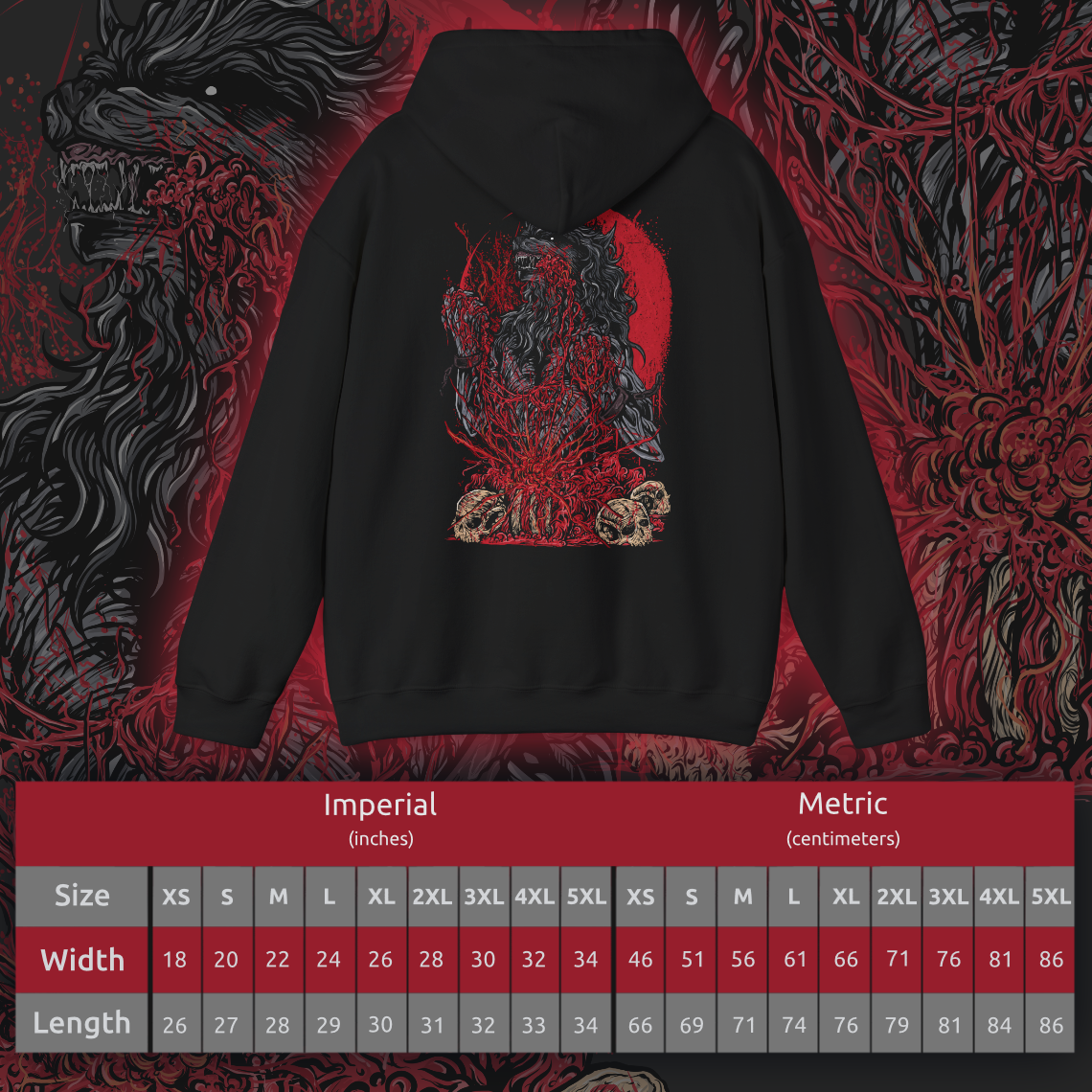 Size chart of a Bloodborne Hooded Sweatshirt featuring the Scourge Beast, a nightmarish predator ravaging Yharnam’s alleys during the hunt. Marked by blood-soaked fur and animalistic rage, this creature reflects the thin line between hunter and hunted. This design honors the chilling intensity and tragic ferocity of Bloodborne’s monstrous foes.