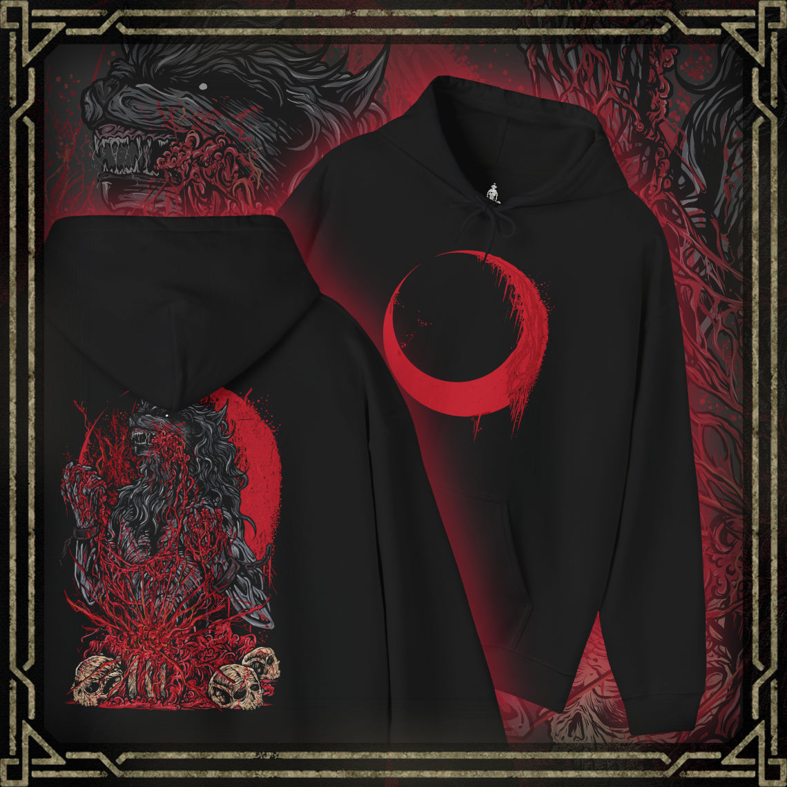 Thumbnail of a Bloodborne Hooded Sweatshirt featuring the Scourge Beast, a nightmarish predator ravaging Yharnam’s alleys during the hunt. Marked by blood-soaked fur and animalistic rage, this creature reflects the thin line between hunter and hunted. This design honors the chilling intensity and tragic ferocity of Bloodborne’s monstrous foes.