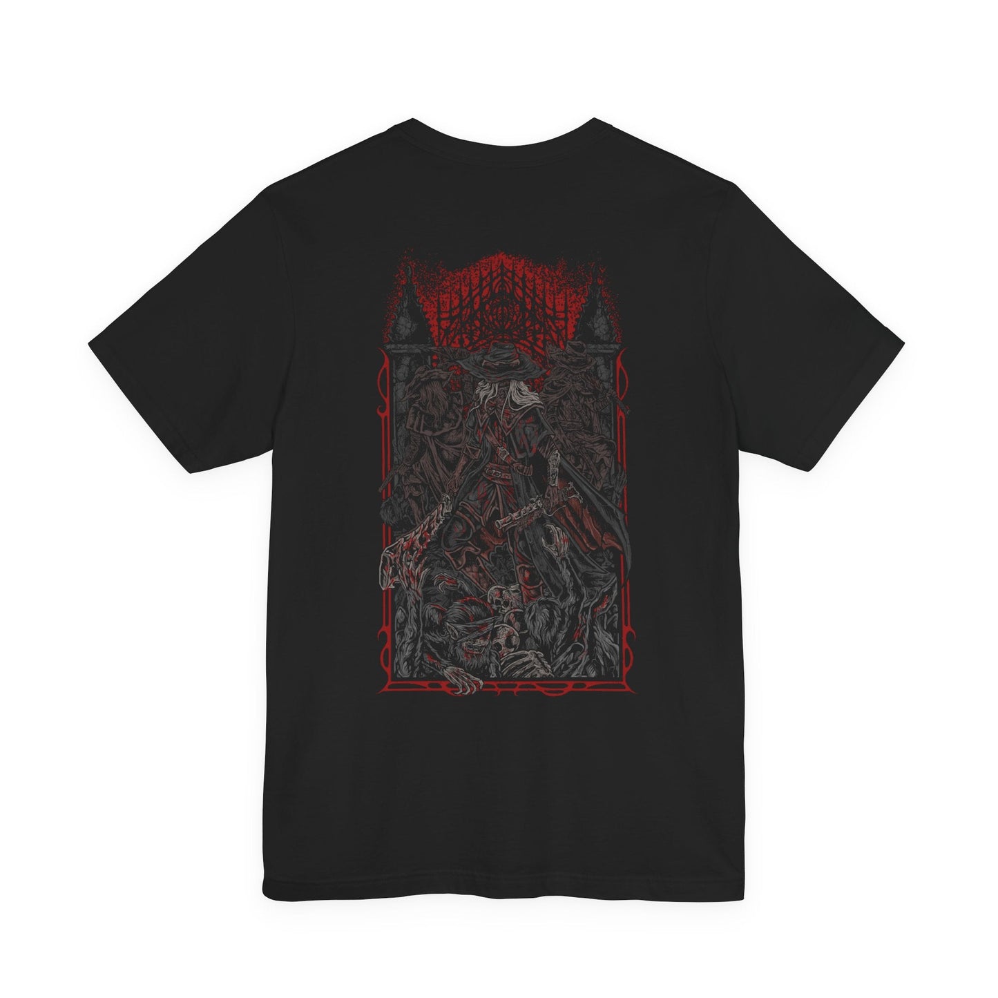 Image 4 of a T-shirt showcasing the First Old Hunters of Bloodborne, those who hunted the earliest beasts born of blood ministration. Hardened by endless night, they fought with unmatched ferocity, shaping the violent traditions carried on by later hunters. This artwork embodies their cursed legacy and their descent into madness beneath the moonlight.
