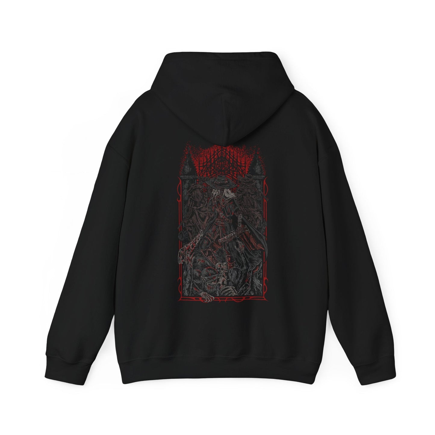Image 4 of a Bloodborne Hooded Sweatshirt featuring the Old Hunters, the originators of the Hunt who fought the scourge when the nightmare first took hold. Their weapons and courage shaped Yharnam’s bloody history, yet their fates reveal the heavy toll of the beast plague. This design honors the primal age of hunters and their tragic legacy.