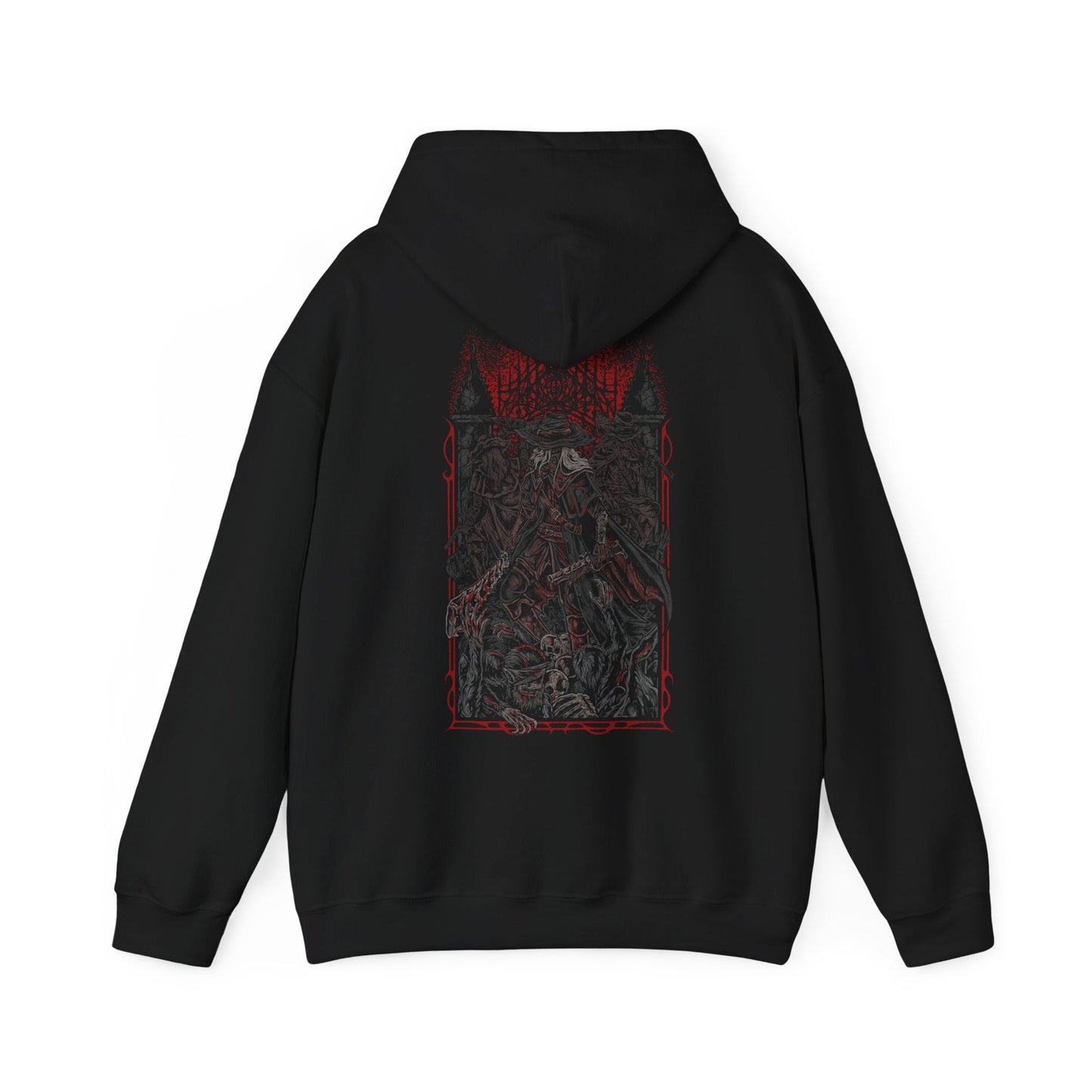 Image 5 of a Bloodborne Hooded Sweatshirt featuring the Old Hunters, the originators of the Hunt who fought the scourge when the nightmare first took hold. Their weapons and courage shaped Yharnam’s bloody history, yet their fates reveal the heavy toll of the beast plague. This design honors the primal age of hunters and their tragic legacy.