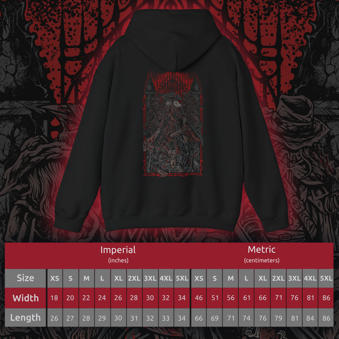 Size chart of a Bloodborne Hooded Sweatshirt featuring the Old Hunters, the originators of the Hunt who fought the scourge when the nightmare first took hold. Their weapons and courage shaped Yharnam’s bloody history, yet their fates reveal the heavy toll of the beast plague. This design honors the primal age of hunters and their tragic legacy.
