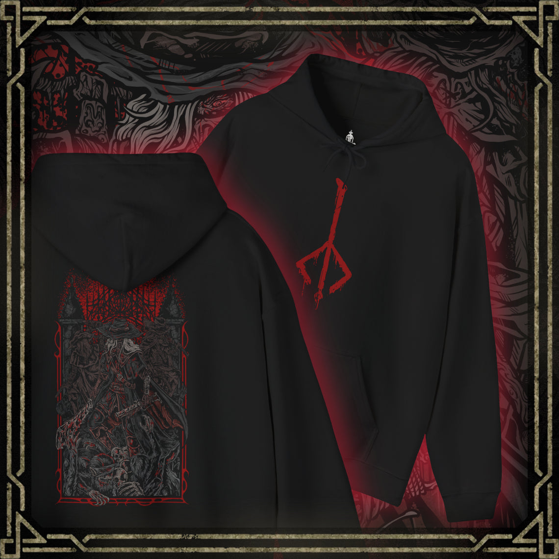 Thumbnail of a Bloodborne Hooded Sweatshirt featuring the Old Hunters, the originators of the Hunt who fought the scourge when the nightmare first took hold. Their weapons and courage shaped Yharnam’s bloody history, yet their fates reveal the heavy toll of the beast plague. This design honors the primal age of hunters and their tragic legacy.
