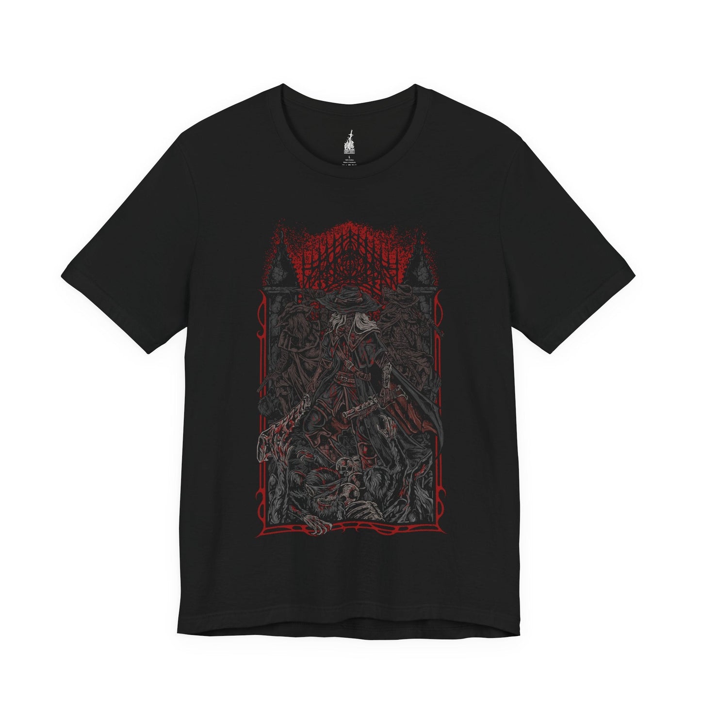 Image 3 of a Black T-shirt featuring the First Old Hunters from Bloodborne, the legendary pioneers of the Hunt who faced the beasts before the Healing Church refined its craft. Bound by blood and tragedy, these hunters carved their legacy in Yharnam with saws, blades, and trick weapons. This design captures the grim brotherhood who became both heroes and victims of the scourge.