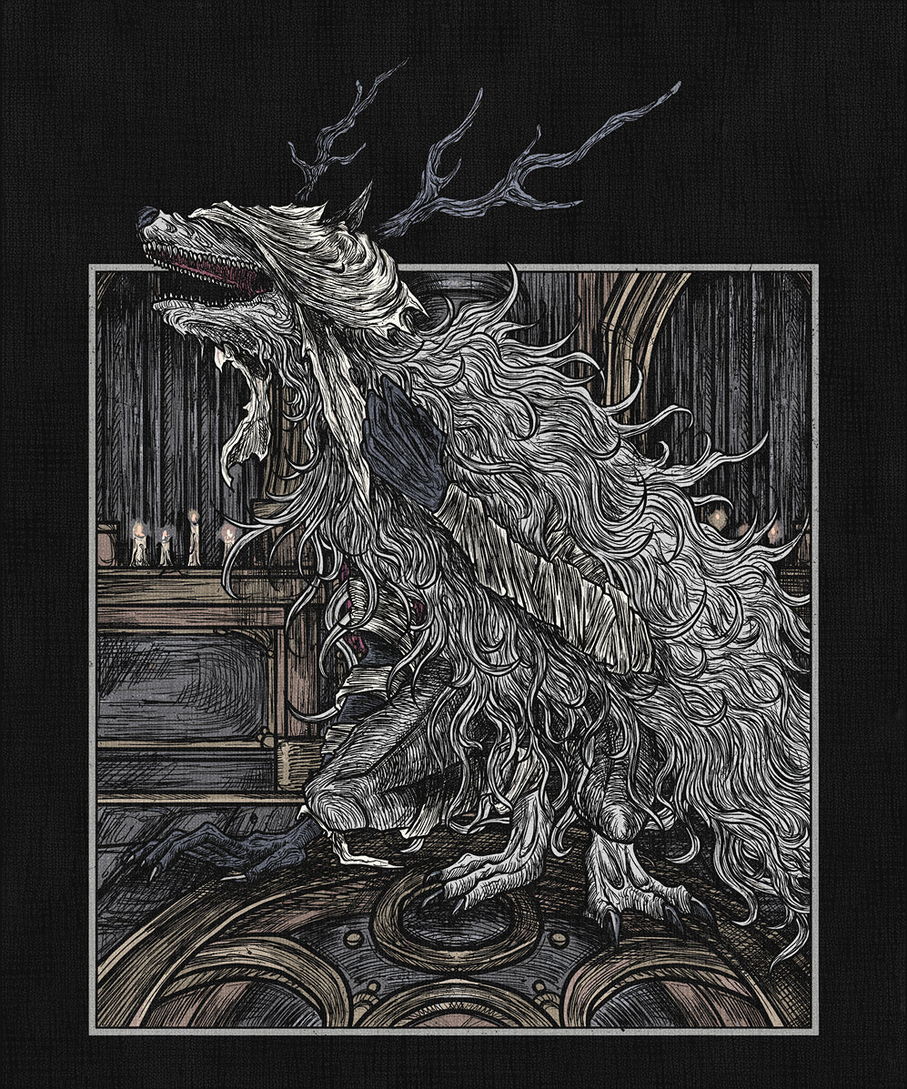 Concept Art of Bloodborne Vicar Amelia Grim. Vicar Amelia, encountered in Bloodborne’s Grand Cathedral, is a once-holy figure twisted by blood into a massive, howling beast. Her tragic fate and haunting design reflect the dangers of blind faith and the corruption at the heart of the Healing Church.