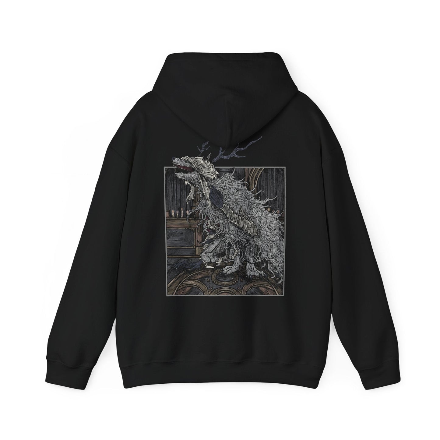 Image 5 of a Hooded Sweatshirt showcasing Vicar Amelia, one of Bloodborne’s most haunting bosses, whose beastly form reveals the dark price of faith. Towering, clawed, and veiled in fur, she lets out anguished howls in the Grand Cathedral. This artwork highlights her massive scale and eerie blend of sanctity and monstrosity—a terrifying emblem of the Healing Church’s cursed ambitions.