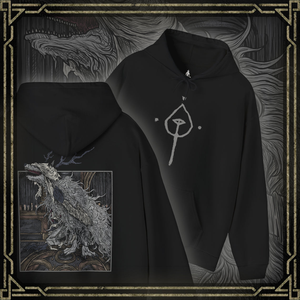 Thumbnail of a Hooded Sweatshirt showcasing Vicar Amelia, one of Bloodborne’s most haunting bosses, whose beastly form reveals the dark price of faith. Towering, clawed, and veiled in fur, she lets out anguished howls in the Grand Cathedral. This artwork highlights her massive scale and eerie blend of sanctity and monstrosity—a terrifying emblem of the Healing Church’s cursed ambitions.