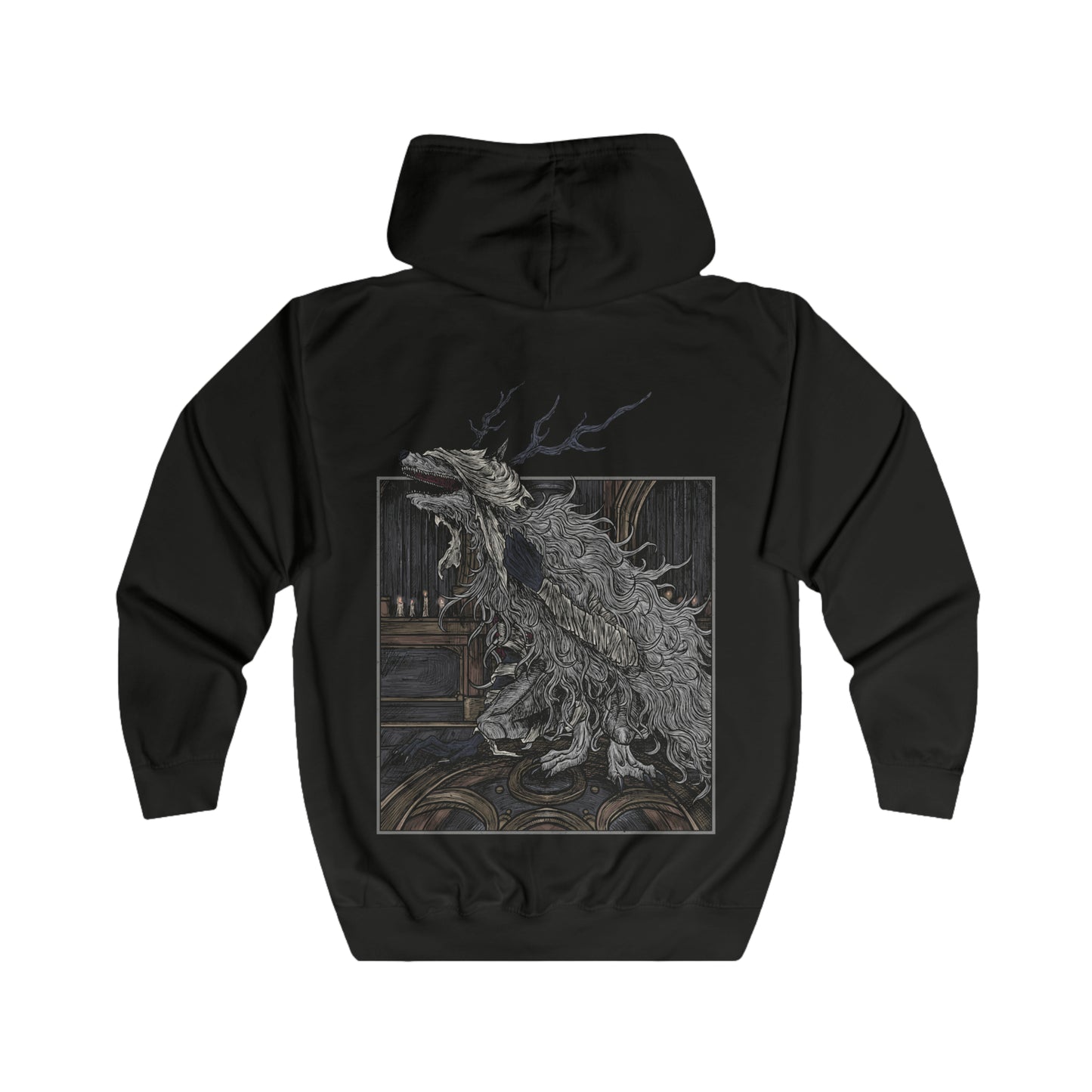 Folded Zip-up Hooded Sweatshirt featuring Vicar Amelia from Bloodborne, the towering cleric transformed into a grotesque beast. Once a devout servant of the Healing Church, Amelia’s beastly form now guards the Grand Cathedral with feral rage. This design captures her haunting, fur-covered silhouette—symbolizing the tragic fall from faith to monstrosity in Yharnam’s cursed lore.