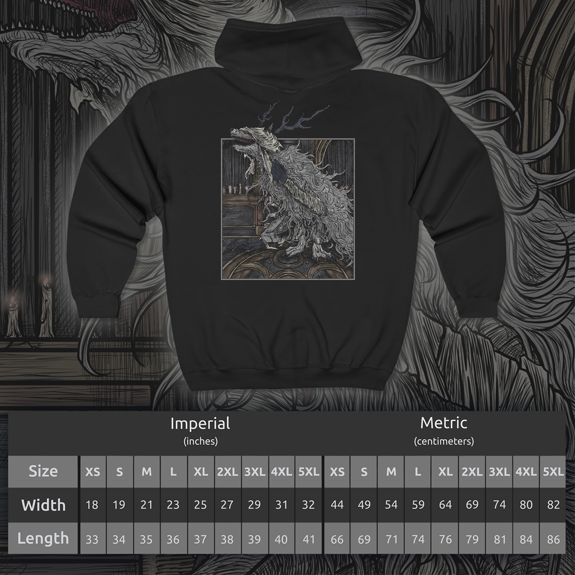 Size chart of a Zip-up Hooded Sweatshirt featuring Vicar Amelia from Bloodborne, the towering cleric transformed into a grotesque beast. Once a devout servant of the Healing Church, Amelia’s beastly form now guards the Grand Cathedral with feral rage. This design captures her haunting, fur-covered silhouette—symbolizing the tragic fall from faith to monstrosity in Yharnam’s cursed lore.