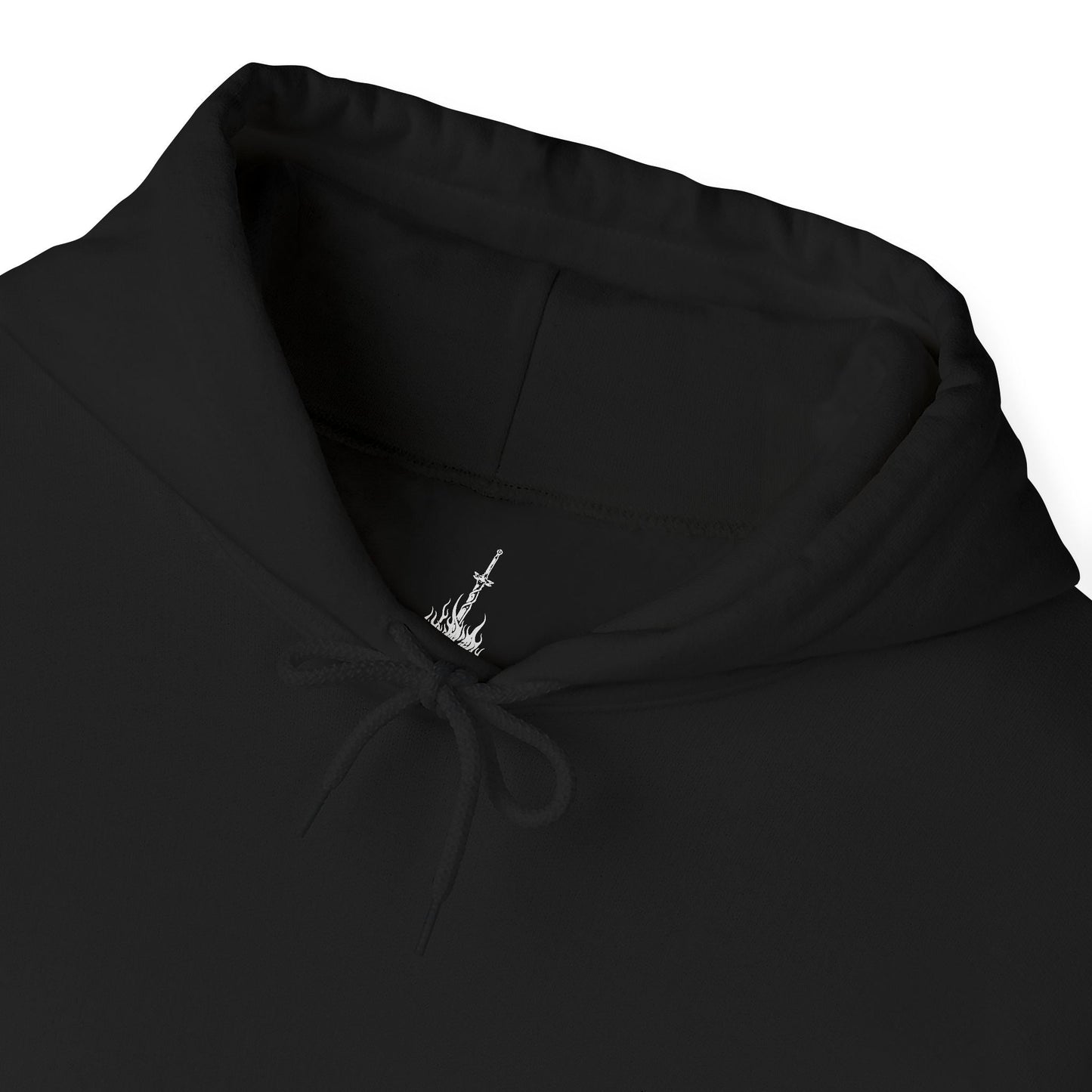 Folded Embroidered hooded sweatshirt showcasing the iconic Dark Souls Bonfire design, representing rest, resilience, and the flame's eternal cycle, perfect for fans who hold the bonfire as a symbol of hope in the dark world of Lordran.