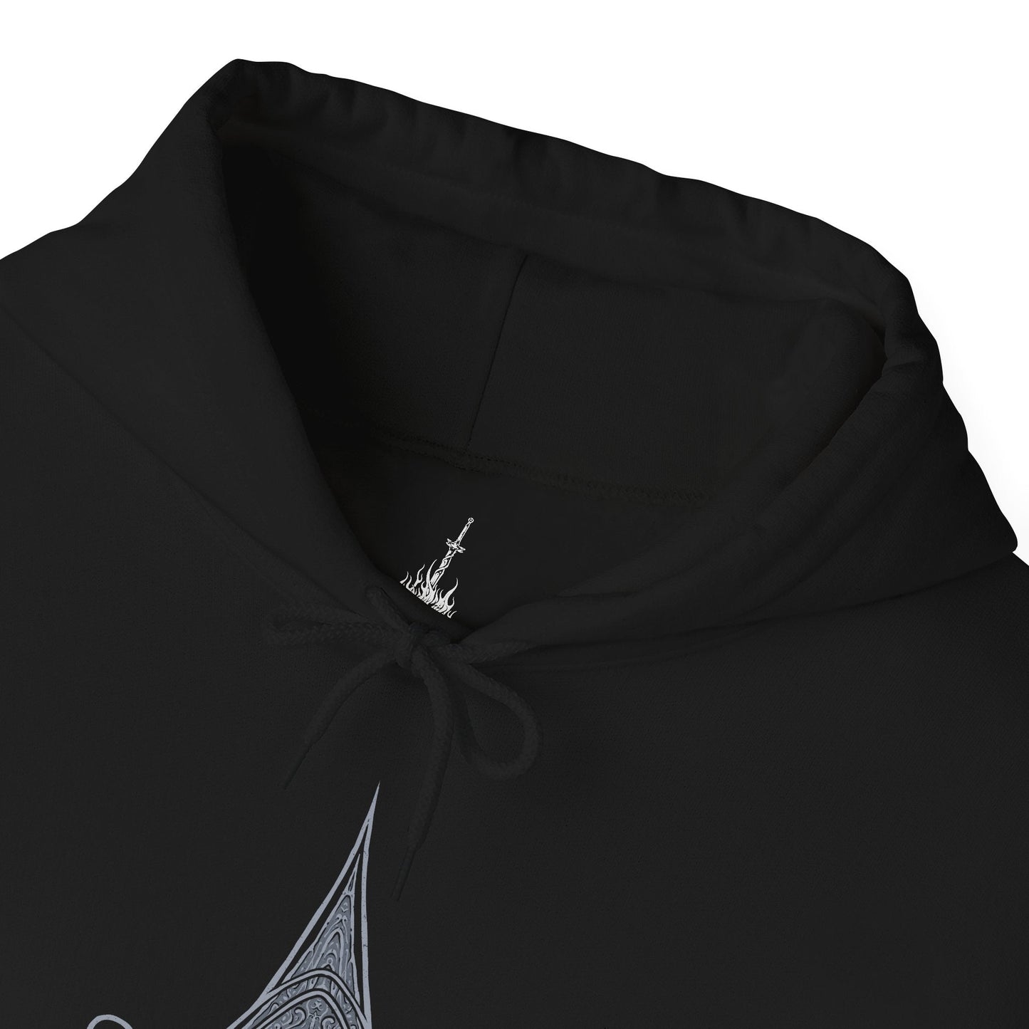 Folded Hooded Sweatshirt of the Burnt Ivory King standing in the heart of the Old Chaos, flames curling around his scorched armor and glowing blade. His imposing figure rises against a backdrop of collapsing ice and fire, symbolizing a ruler who chose duty over survival. The composition emphasizes heroism, ruin, and the eternal war against encroaching chaos.