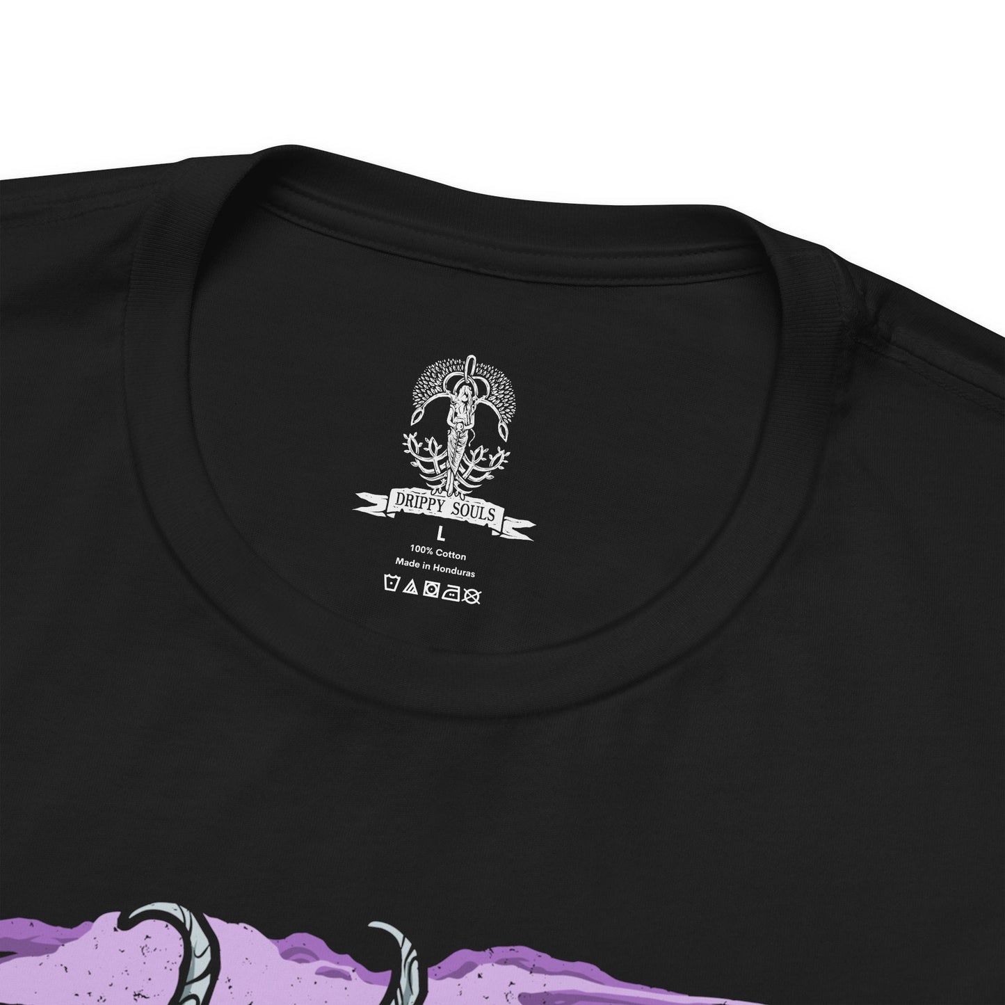 Folded T-Shirt design of Caligo, Miasma of Night from Elden Ring Nightreign, soaring through a sky consumed by the Night's Tide as frost-laden wings spread across swirling darkness. Glacial mist and icy shards spiral around the colossal dragon while moonlight struggles to pierce the endless gloom. The design captures Caligo's command over freezing miasma, embodying the suffocating power and mystery of the Night.