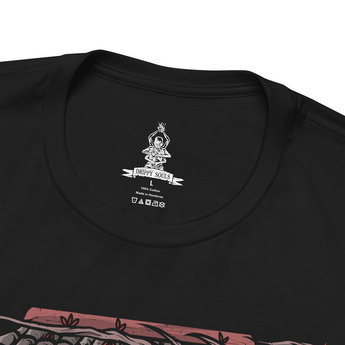 Folded T-shirt design of the Corrupted Monk from Sekiro: Shadows Die Twice, revealing the grotesque centipede parasite that animates her decayed body. Torn robes flutter as purple mist and corrupted energy coil around her, while the massive insect writhes within exposed flesh. The design captures the horrific fusion of monk and creature, symbolizing immortality twisted into rot beneath Ashina’s haunted temples.