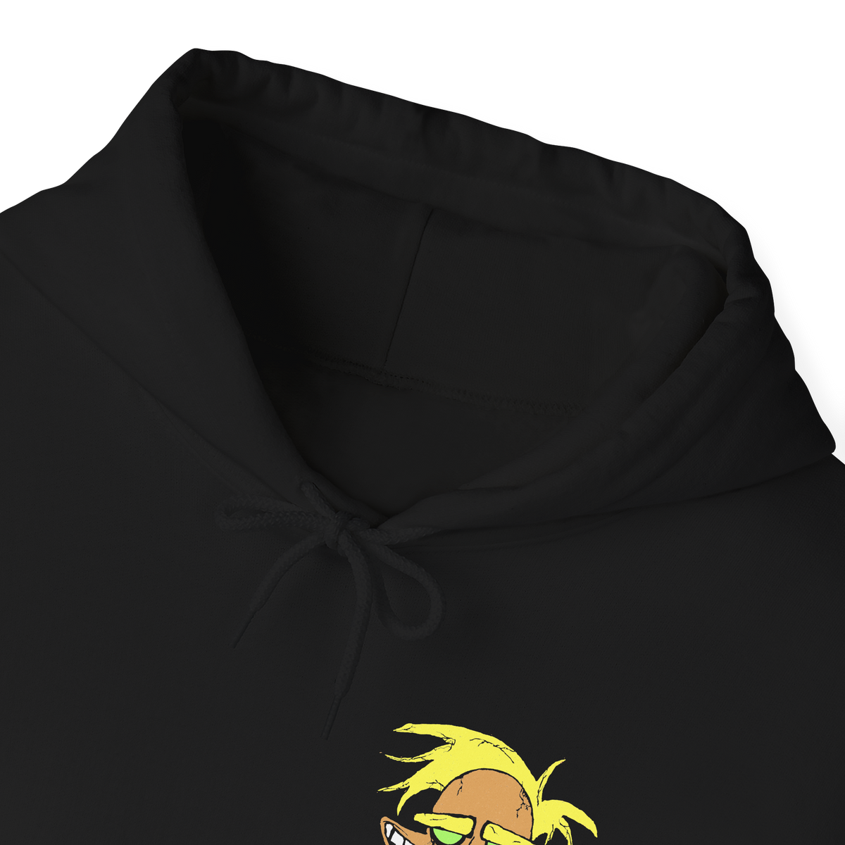 Folded Hooded Sweatshirt design featuring Katz, Dr. Zalost, Freaky Fred, Benton Tarantella, and Jean Bon from Courage the Cowardly Dog. The five villains appear together in a dark cartoon-inspired composition, highlighting their distinctive faces and unsettling expressions against an eerie backdrop inspired by the isolated town of Nowhere. The artwork captures the series' blend of retro animation, bizarre humor and nostalgic Cartoon Network atmosphere.