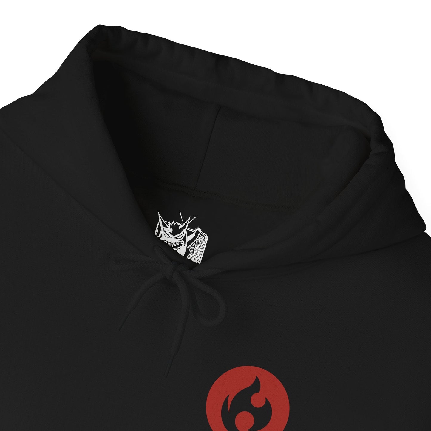 Folded Hooded Sweatshirt featuring powerful Fire-type Pokémon commanding blazing infernos amid roaring flames, rivers of molten lava, and glowing fiery energy. Cascades of sparks and drifting embers fill the air while ash clouds gather above the volcanic landscape, emphasizing the immense power of fire in nature. The composition highlights explosive movement, elemental strength, and the timeless connection between Fire-type Pokémon and their world of flame.