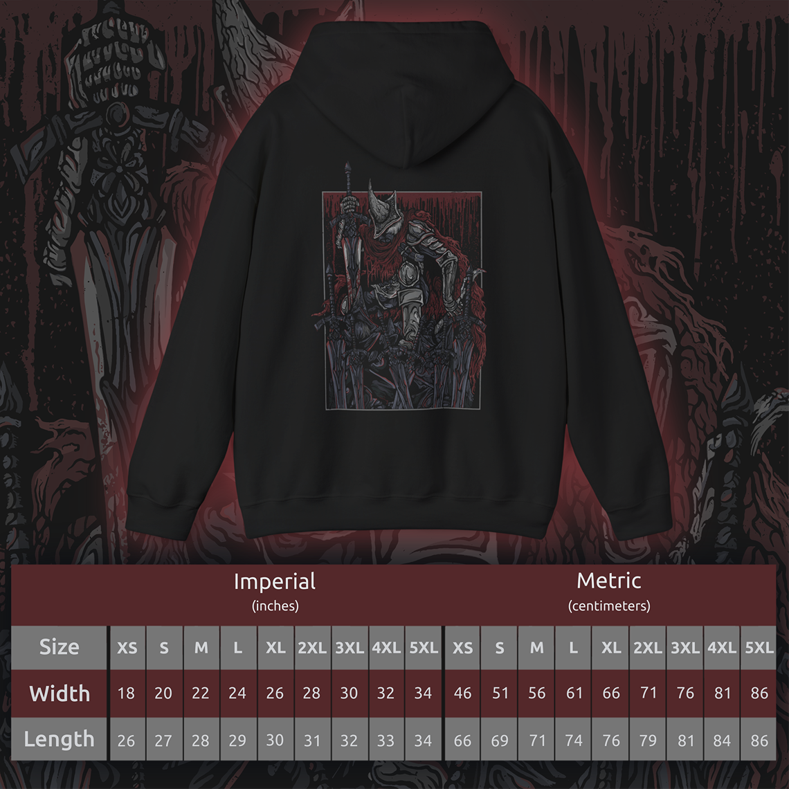 Size chart of a Hooded Sweatshirt showcasing the Abyss Watchers from Dark Souls 3, the tragic leaders of Farron’s Undead Legion. With their signature greatswords and blood-stained cloaks, they are forever locked in battle—even against one another—as they attempt to halt the Abyss’s spread. Their coordinated yet cursed movements reflect a shared soul torn apart by unending conflict and fading purpose.