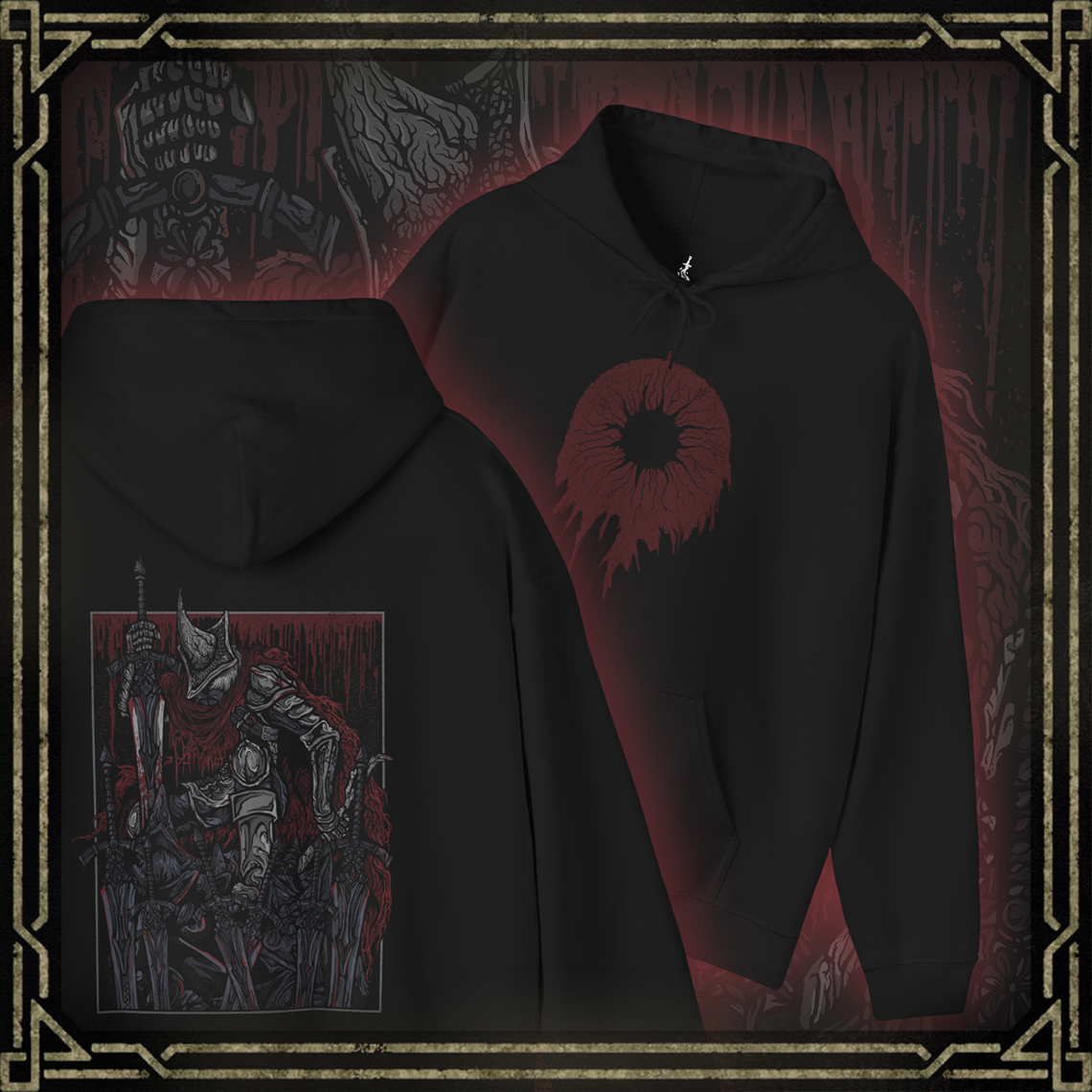 Thumbnail of a Hooded Sweatshirt showcasing the Abyss Watchers from Dark Souls 3, the tragic leaders of Farron’s Undead Legion. With their signature greatswords and blood-stained cloaks, they are forever locked in battle—even against one another—as they attempt to halt the Abyss’s spread. Their coordinated yet cursed movements reflect a shared soul torn apart by unending conflict and fading purpose.