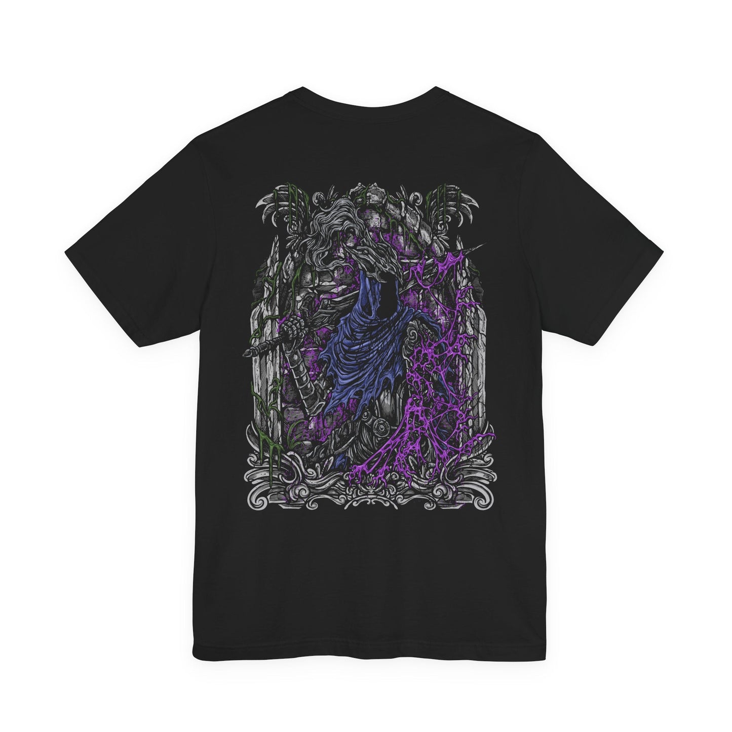 Image 4 of a T-shirt featuring Artorias the Abysswalker from Dark Souls, the legendary knight who dared to face the Abyss alone. Corrupted by darkness but unbroken in will, Artorias fights with a shattered arm and a soul torn by sacrifice. This design captures his tragic valor and iconic silhouette, sword poised amidst the shadows.