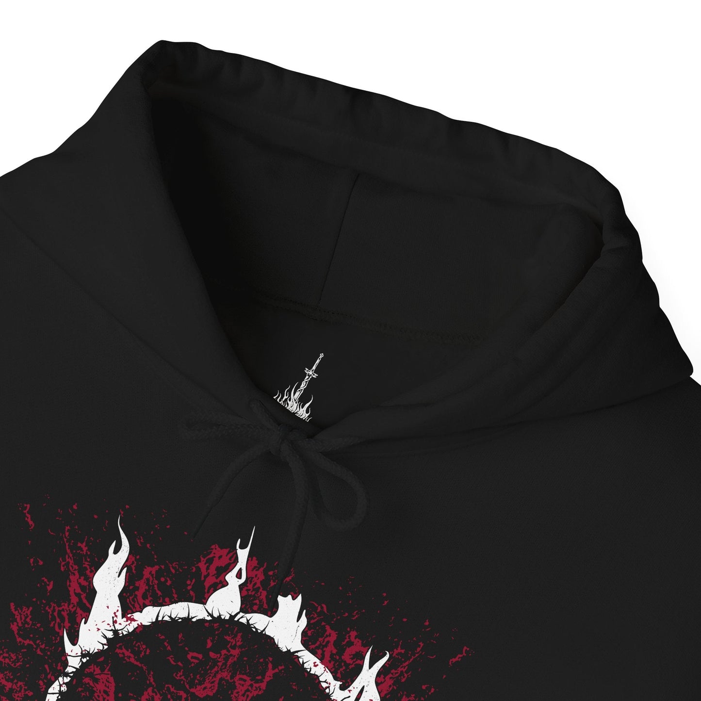 Folded Hooded Sweatshirt showcasing Artorias the Abysswalker, one of Gwyn’s Four Knights and a tragic figure from Dark Souls. Known for his unmatched skill and loyalty, Artorias descended into the Abyss alone, his soul corrupted in the process. This design highlights his torn cape, broken arm, and fierce stance—embodying the sorrowful nobility of a warrior who fell not in fear, but in sacrifice.