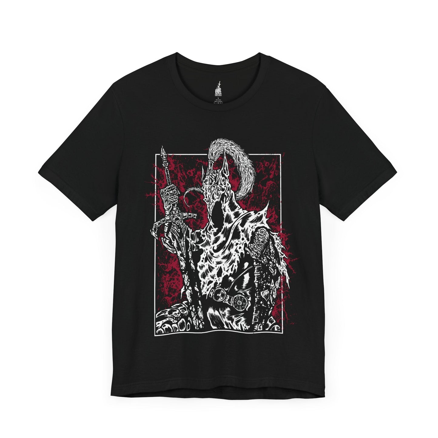 Image 3 of a Black T-shirt featuring Artorias the Abysswalker from Dark Souls, the legendary knight who sacrificed everything to halt the spread of the Abyss. Clad in tattered armor and wielding his massive greatsword with a shattered arm, Artorias stands as a symbol of heroic defiance and tragic downfall. This design captures the moment he’s overtaken by darkness, honoring his doomed fight to protect Oolacile and his undying will.