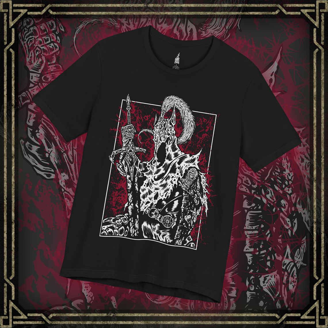 Thumbnail of a T-shirt featuring Artorias the Abysswalker from Dark Souls, the legendary knight who sacrificed everything to halt the spread of the Abyss. Clad in tattered armor and wielding his massive greatsword with a shattered arm, Artorias stands as a symbol of heroic defiance and tragic downfall. This design captures the moment he’s overtaken by darkness, honoring his doomed fight to protect Oolacile and his undying will.